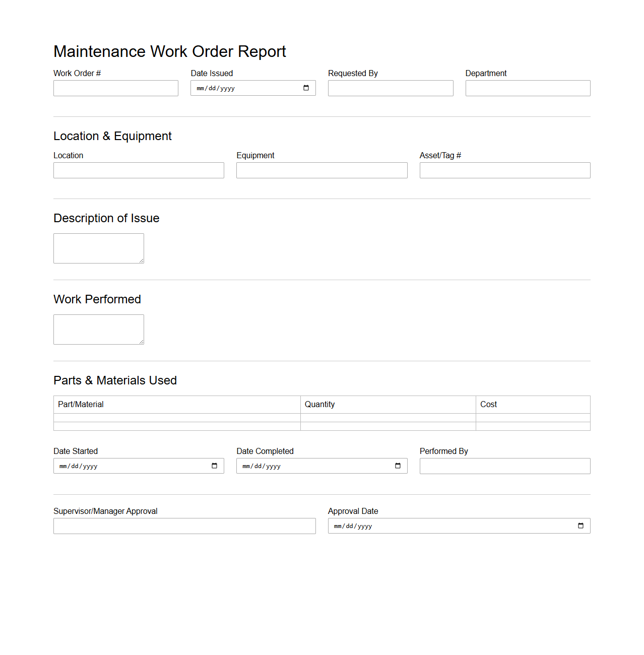 Blank Maintenance Work Order Report Template