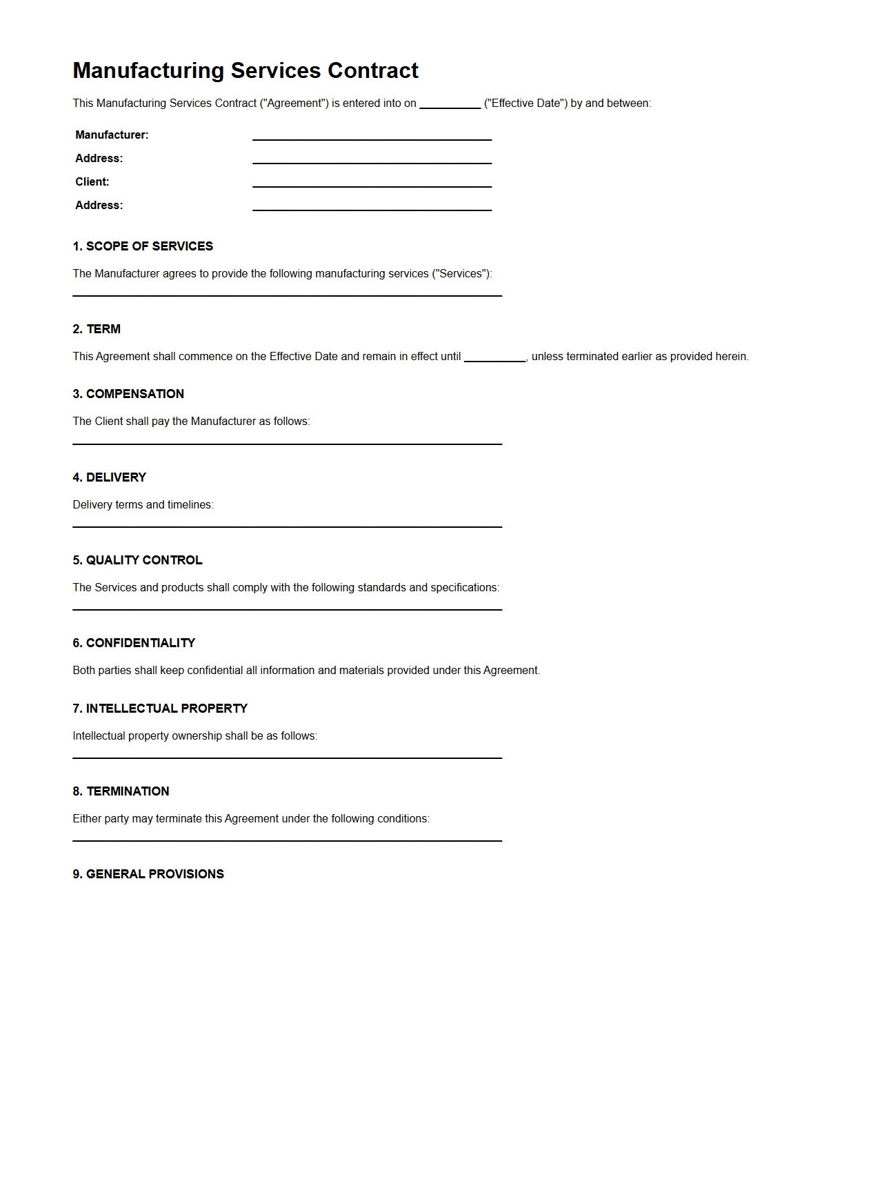 Blank Manufacturing Services Contract Template