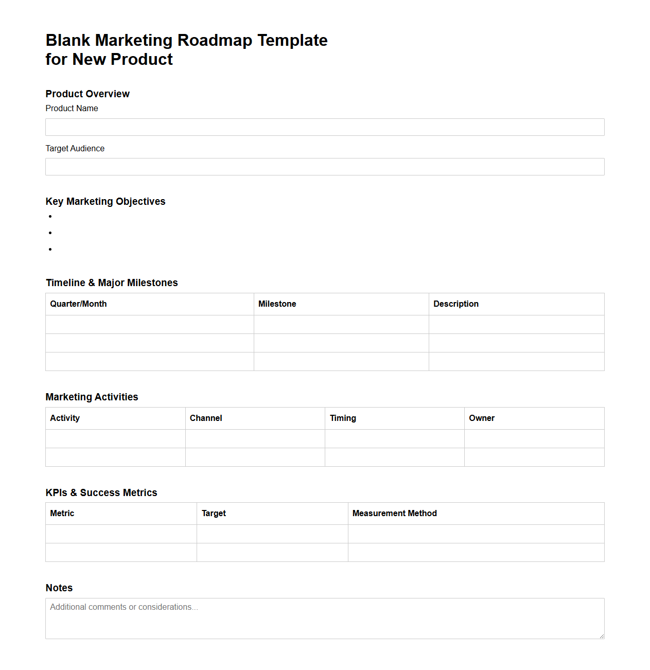 Blank Marketing Roadmap Template for New Product
