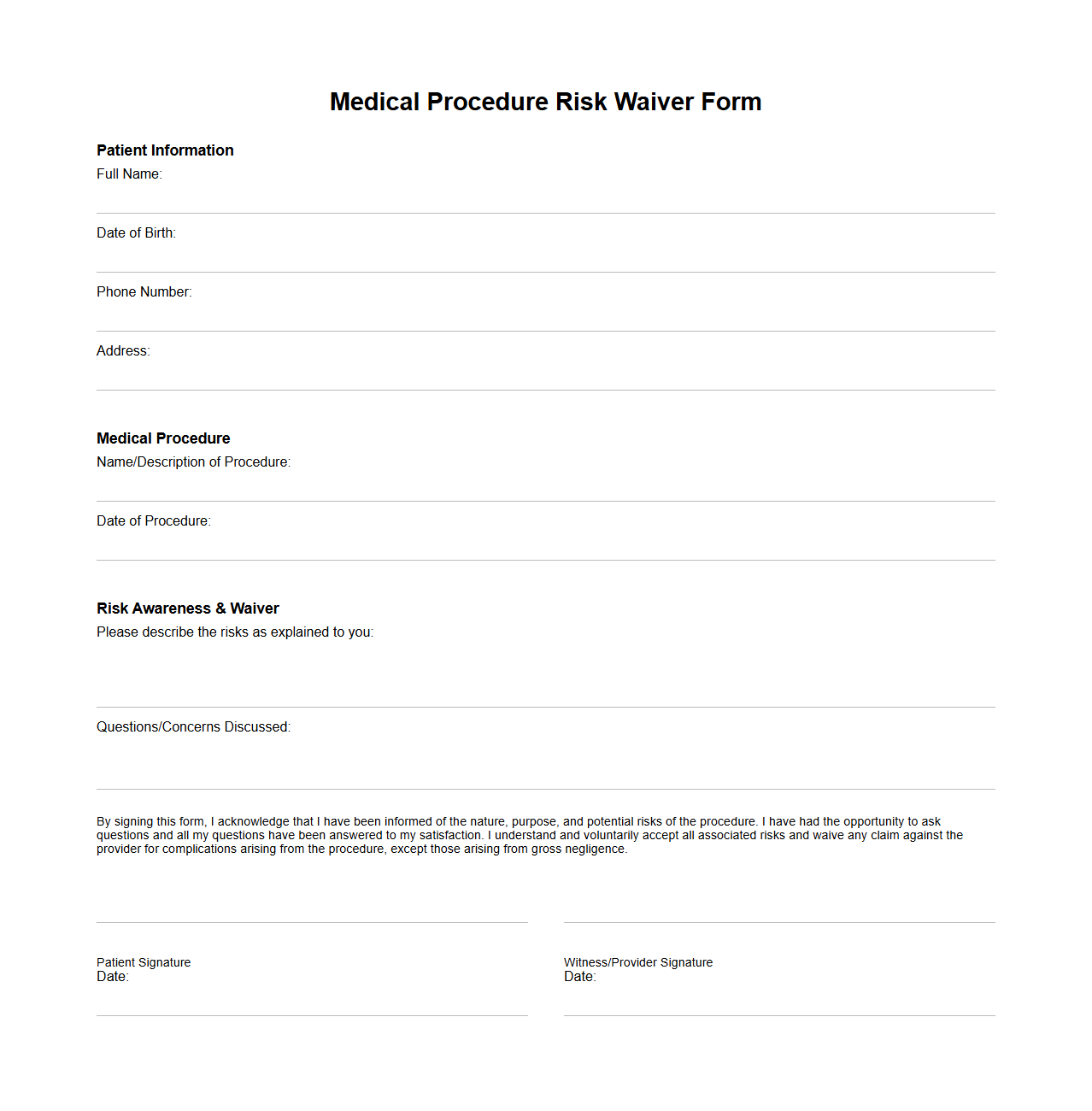 Blank Medical Procedure Risk Waiver Form