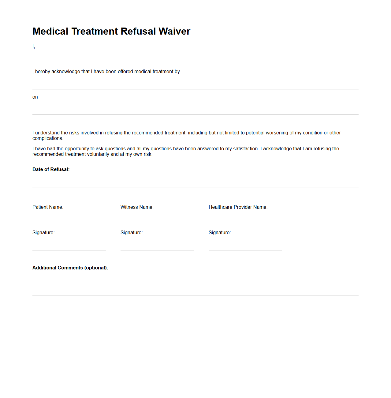 Blank Medical Treatment Refusal Waiver Template