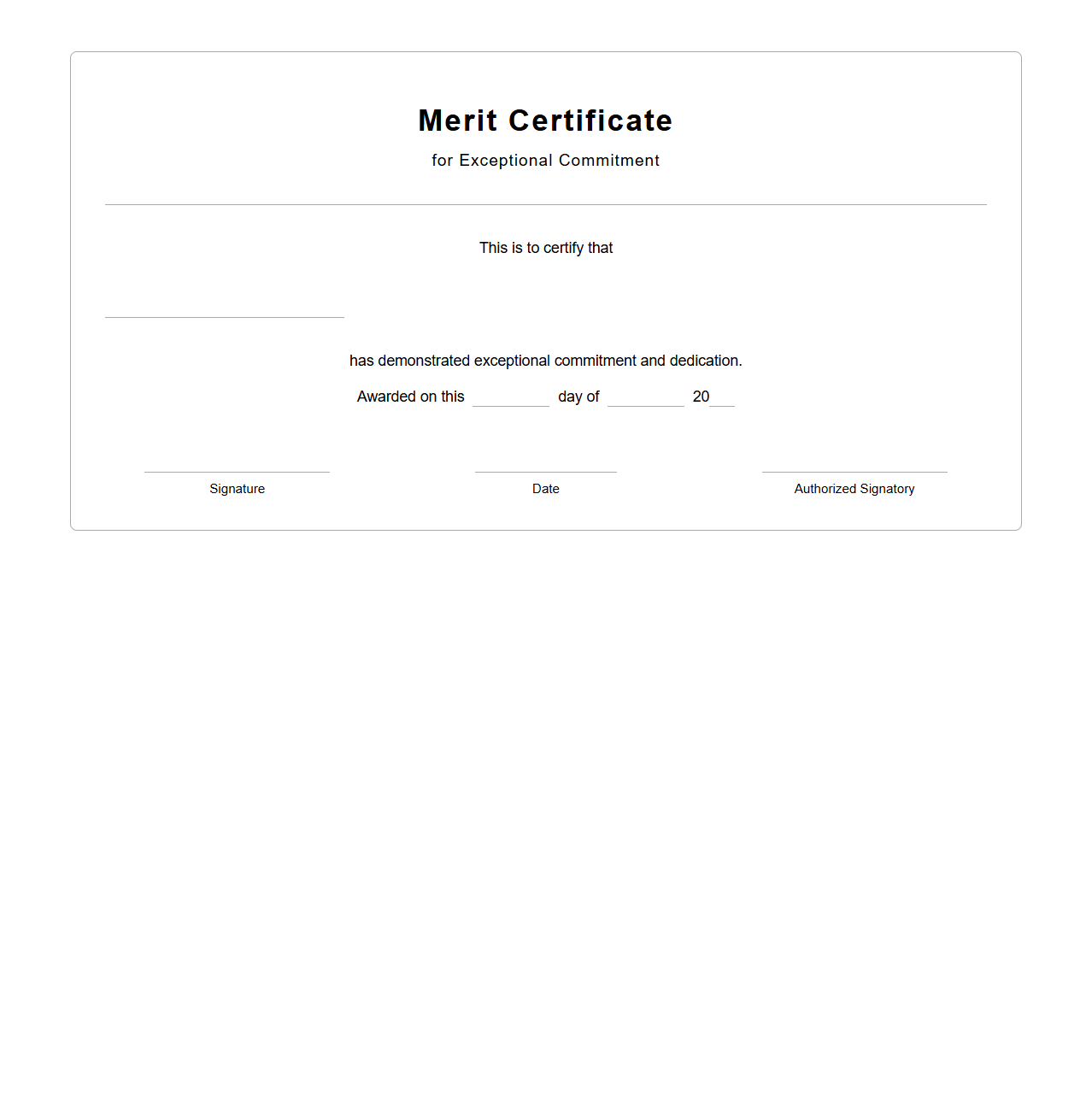 Blank Merit Certificate for Exceptional Commitment