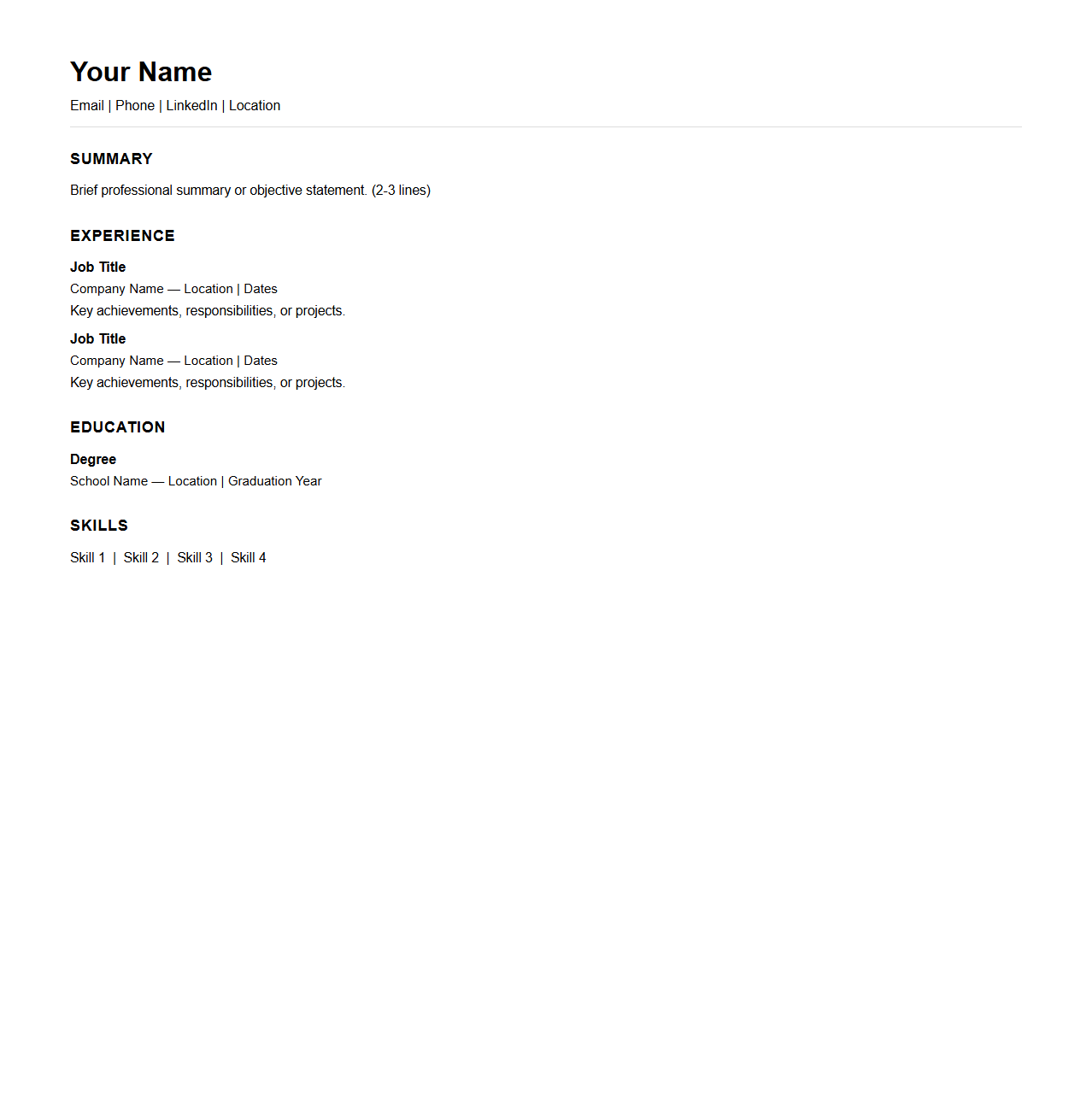 Blank Minimalist Resume Structure
