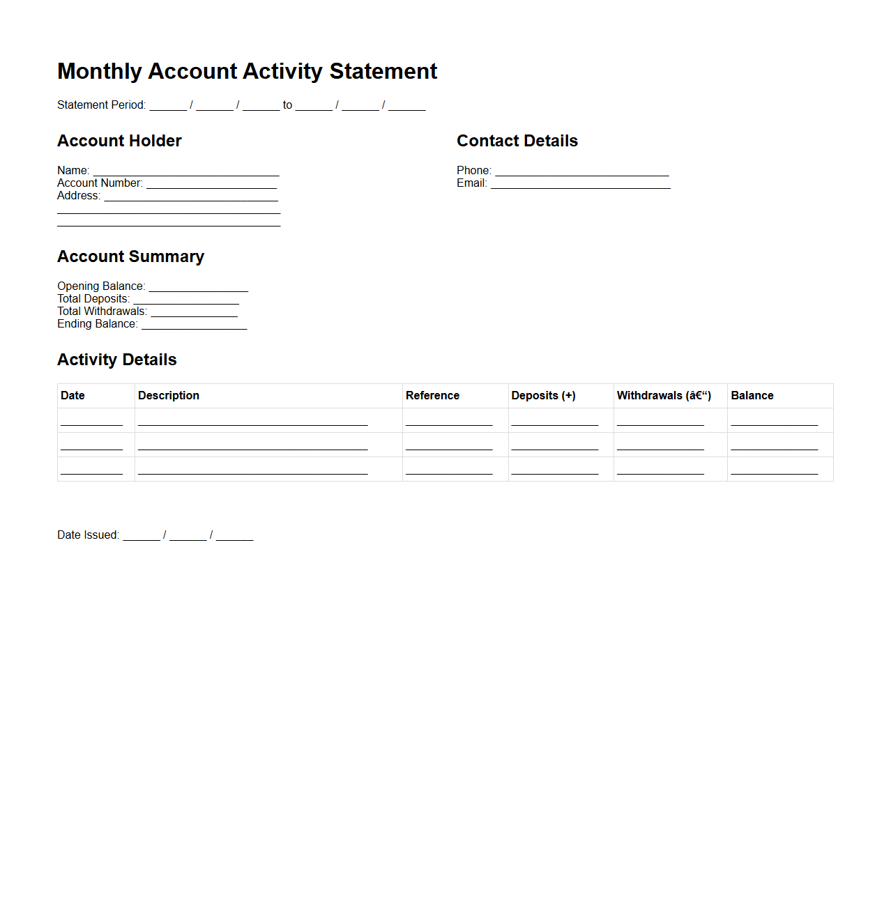 Blank Monthly Account Activity Statement