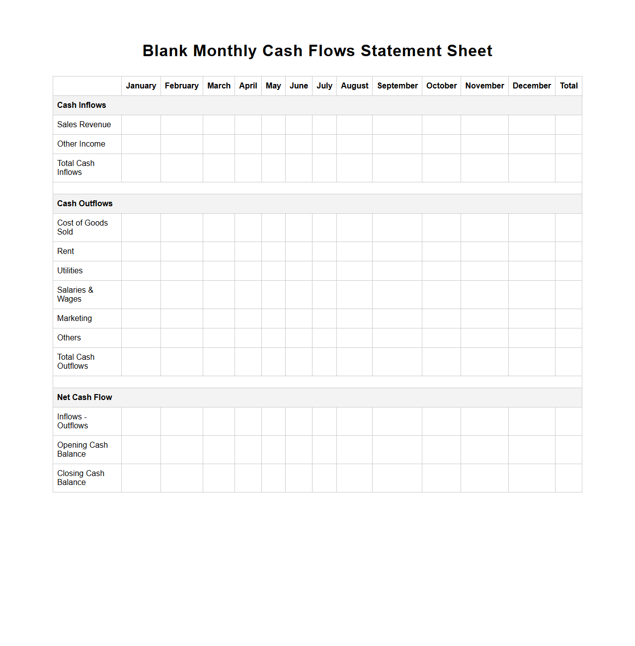 Blank Monthly Cash Flows Statement Sheet