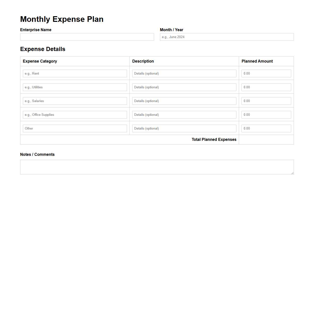 Blank Monthly Expense Plan Template for Small Enterprises