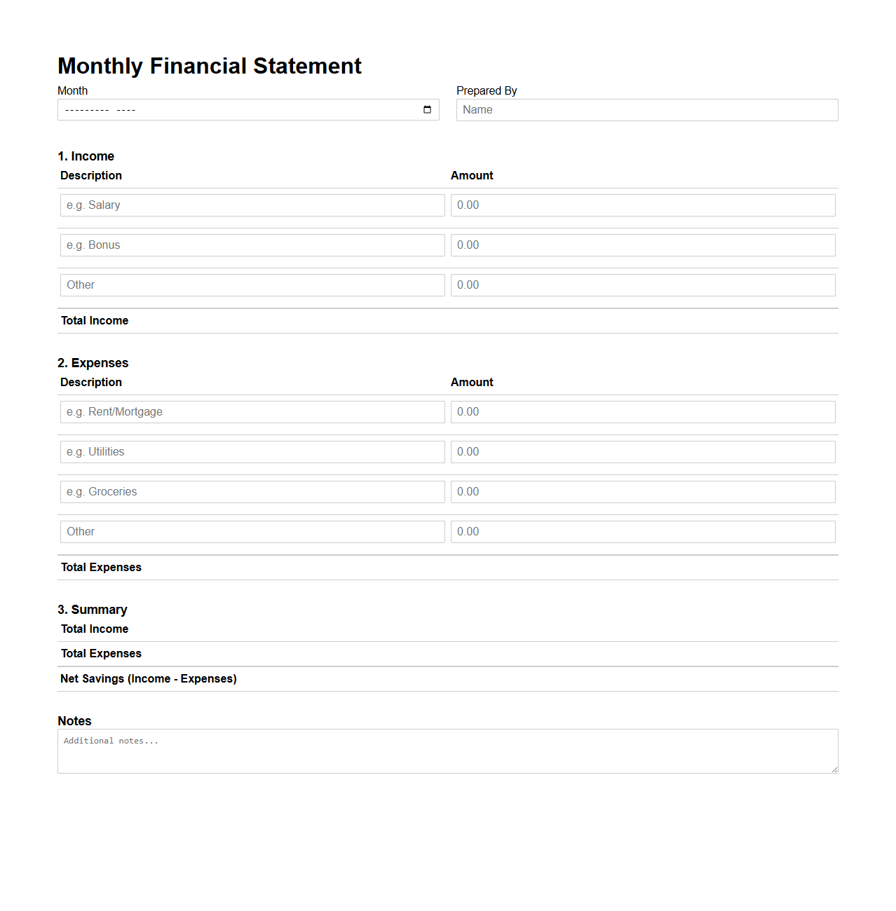 Blank Monthly Financial Statement Template