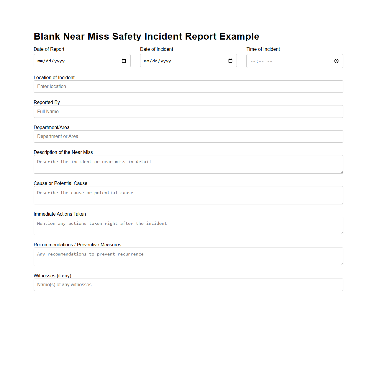 Blank Near Miss Safety Incident Report Example