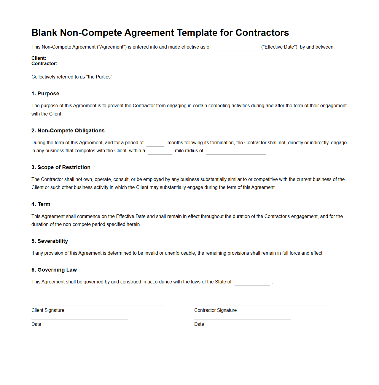 Blank Non-Compete Agreement Template for Contractors