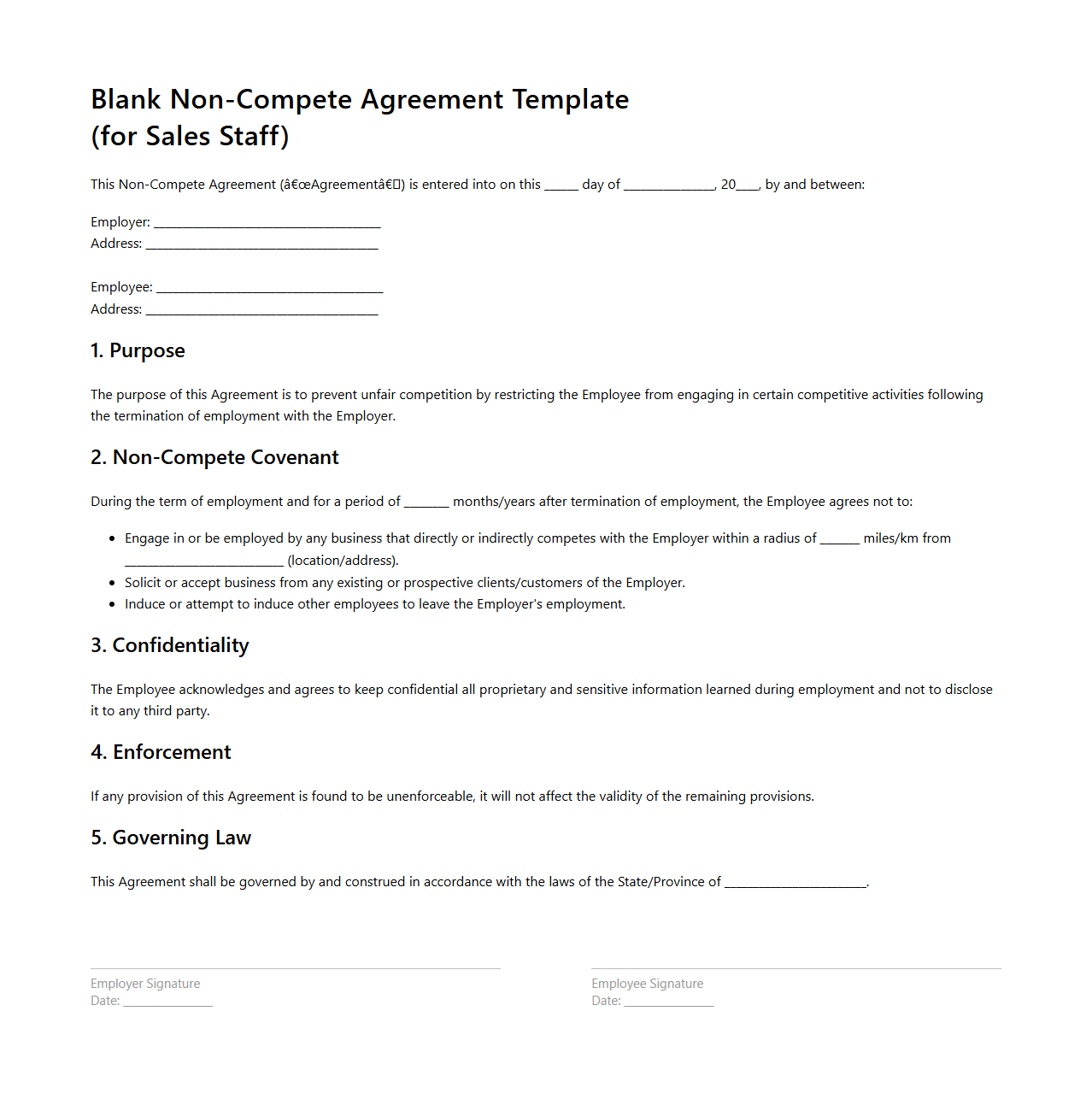 Blank Non-Compete Agreement Template for Sales Staff