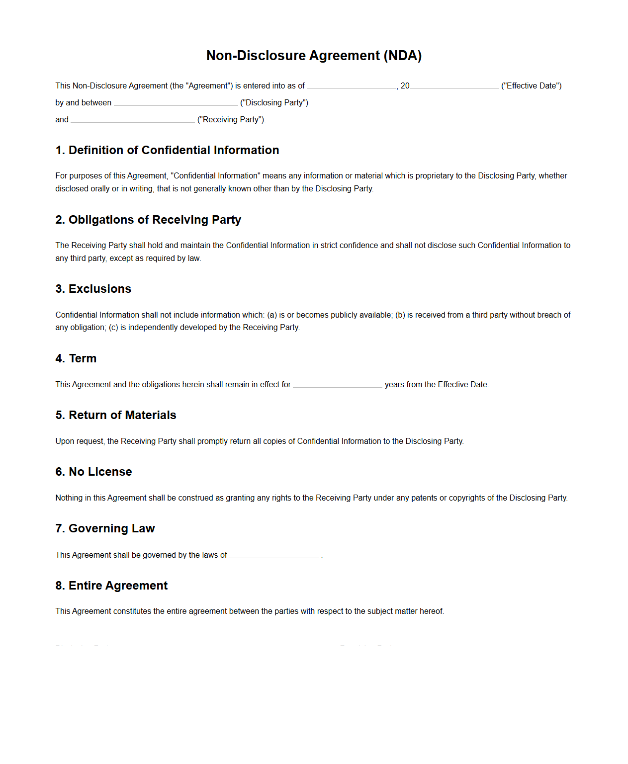 Blank Non-Disclosure Agreement for Parties Template