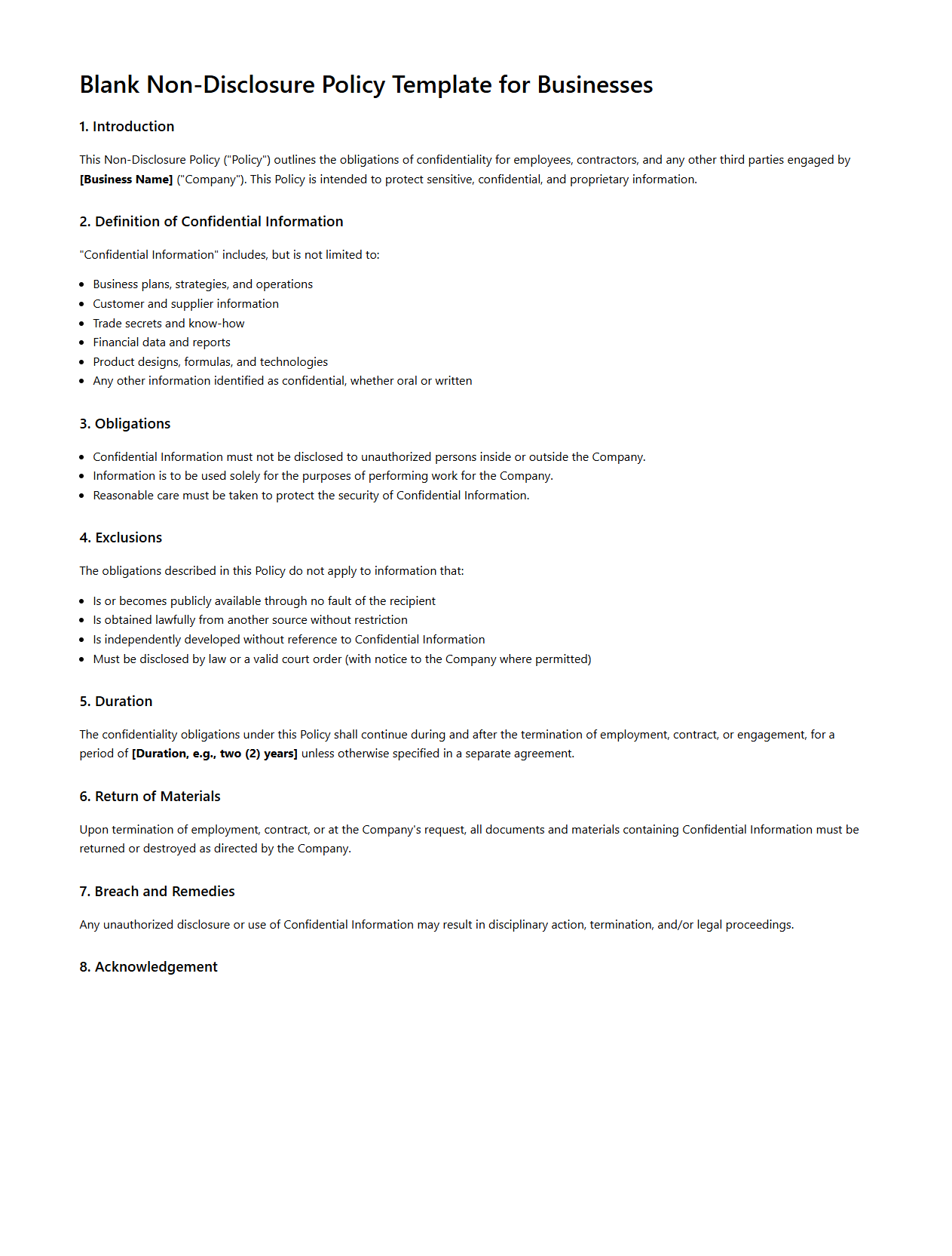 Blank Non-Disclosure Policy Template for Businesses