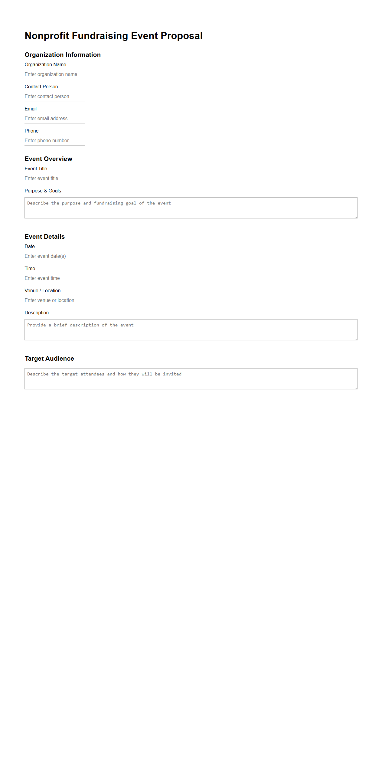 Blank Nonprofit Fundraising Event Proposal Template