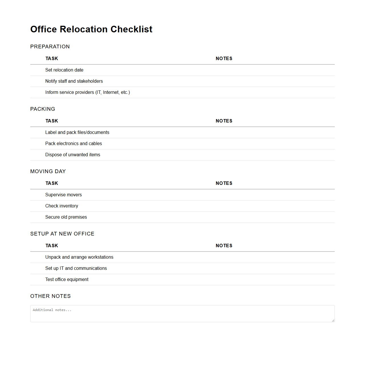 Blank Office Relocation Checklist Template