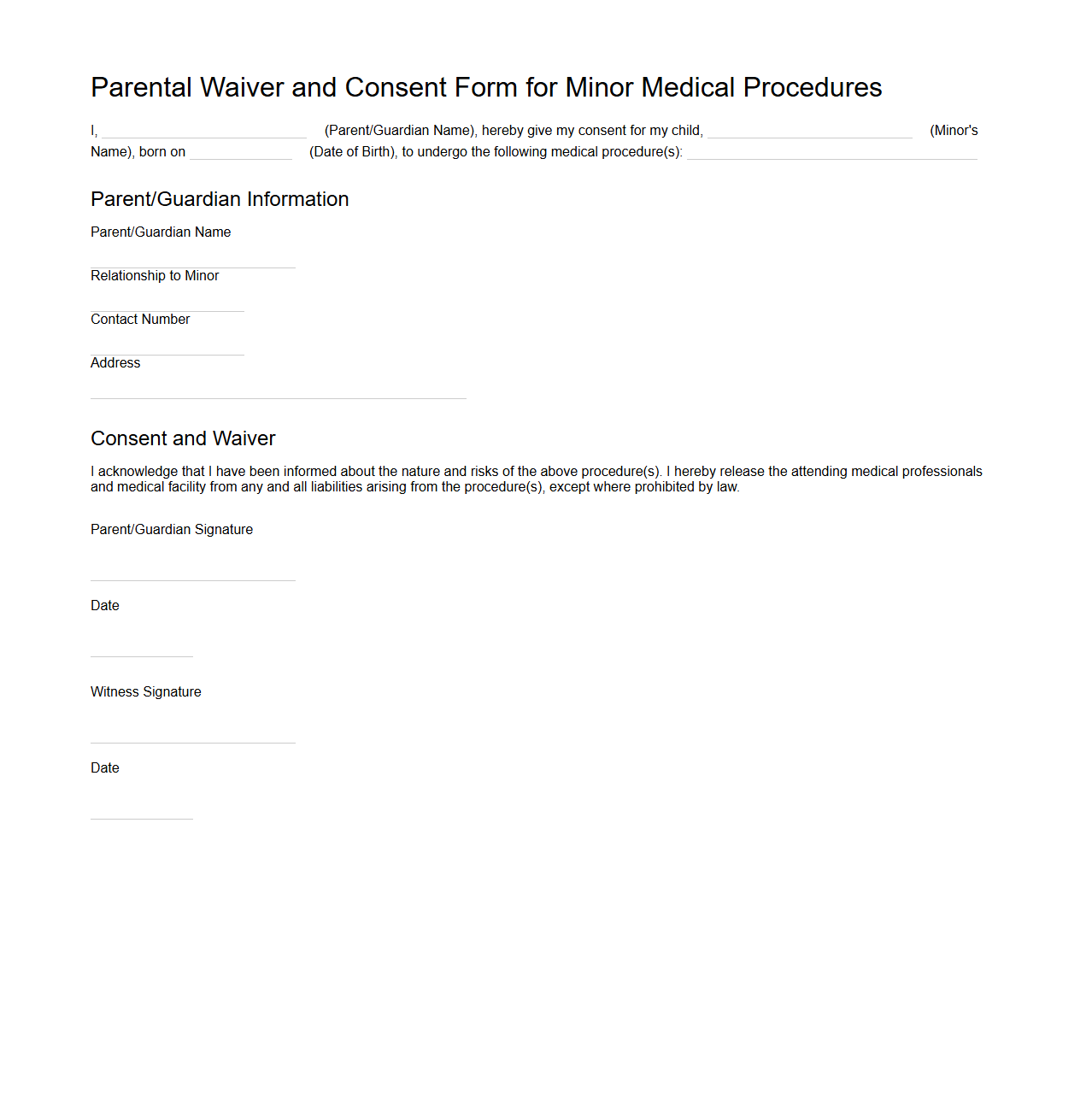 Blank Parental Waiver for Minor Medical Procedures
