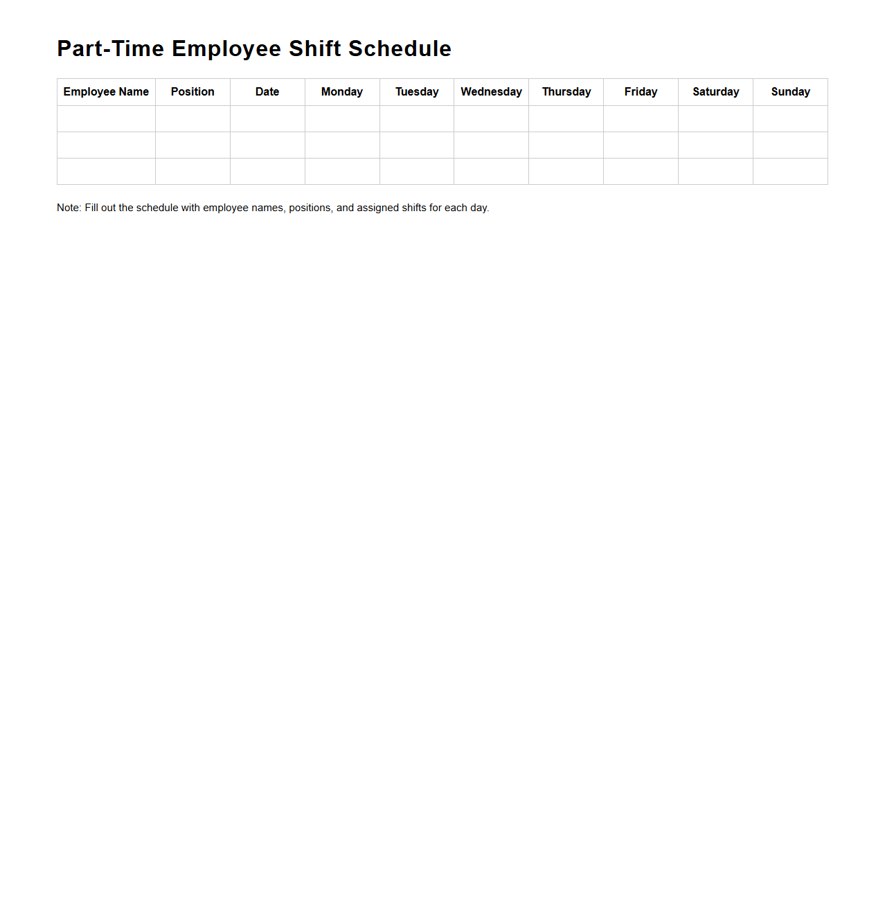 Blank Part-Time Employee Shift Schedule Template