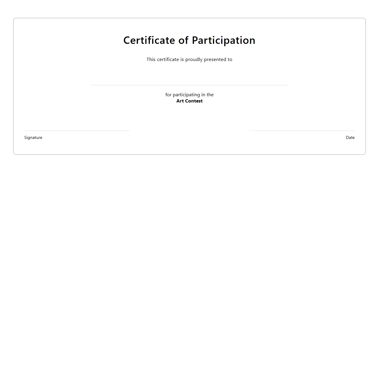 Blank Participation Certificate Template for Art Contests