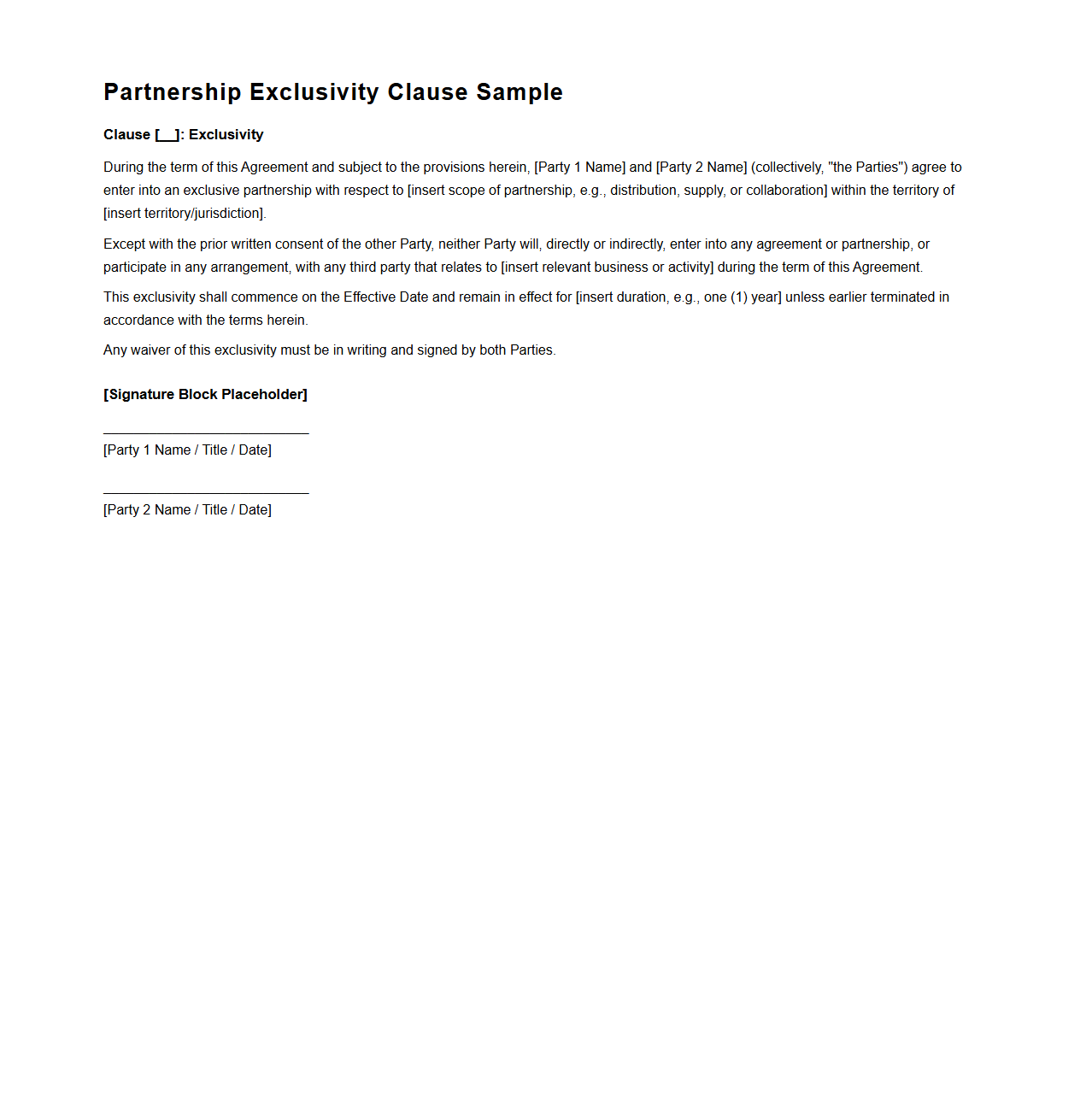 Blank Partnership Exclusivity Clause Sample