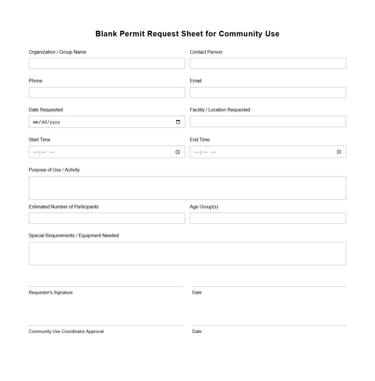 Blank Permit Request Sheet for Community Use