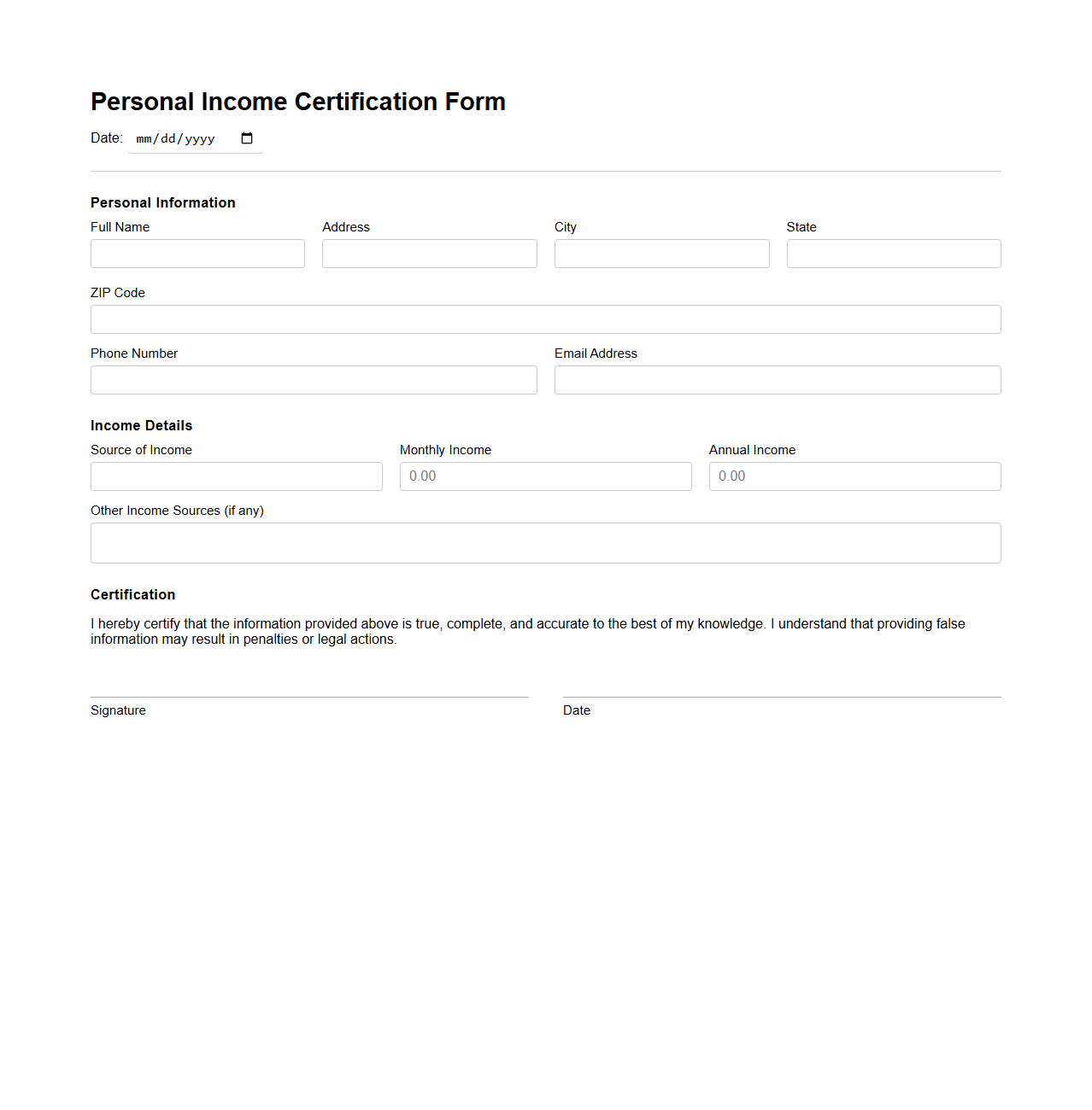 Blank Personal Income Certification Form