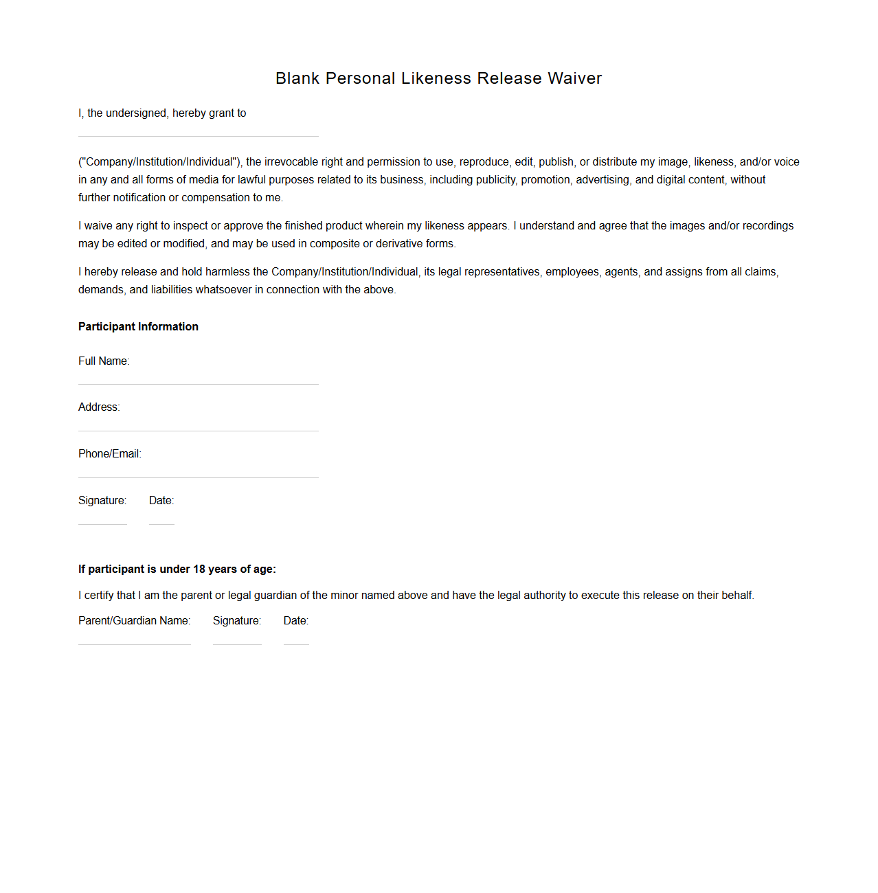 Blank Personal Likeness Release Waiver