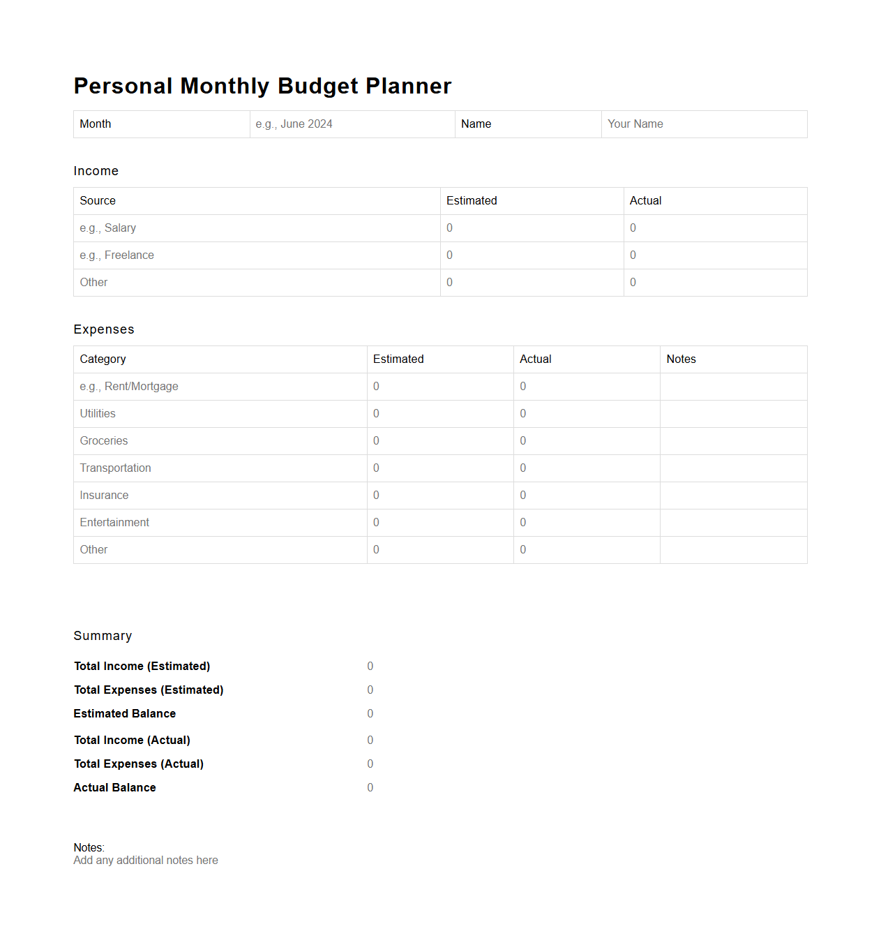 Blank Personal Monthly Budget Planner Template