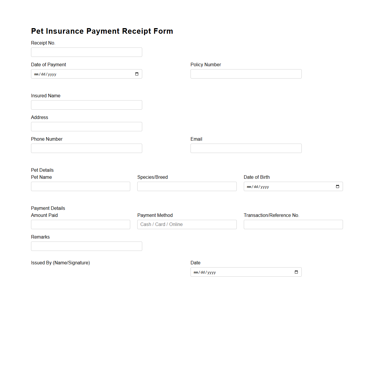 Blank Pet Insurance Payment Receipt Form