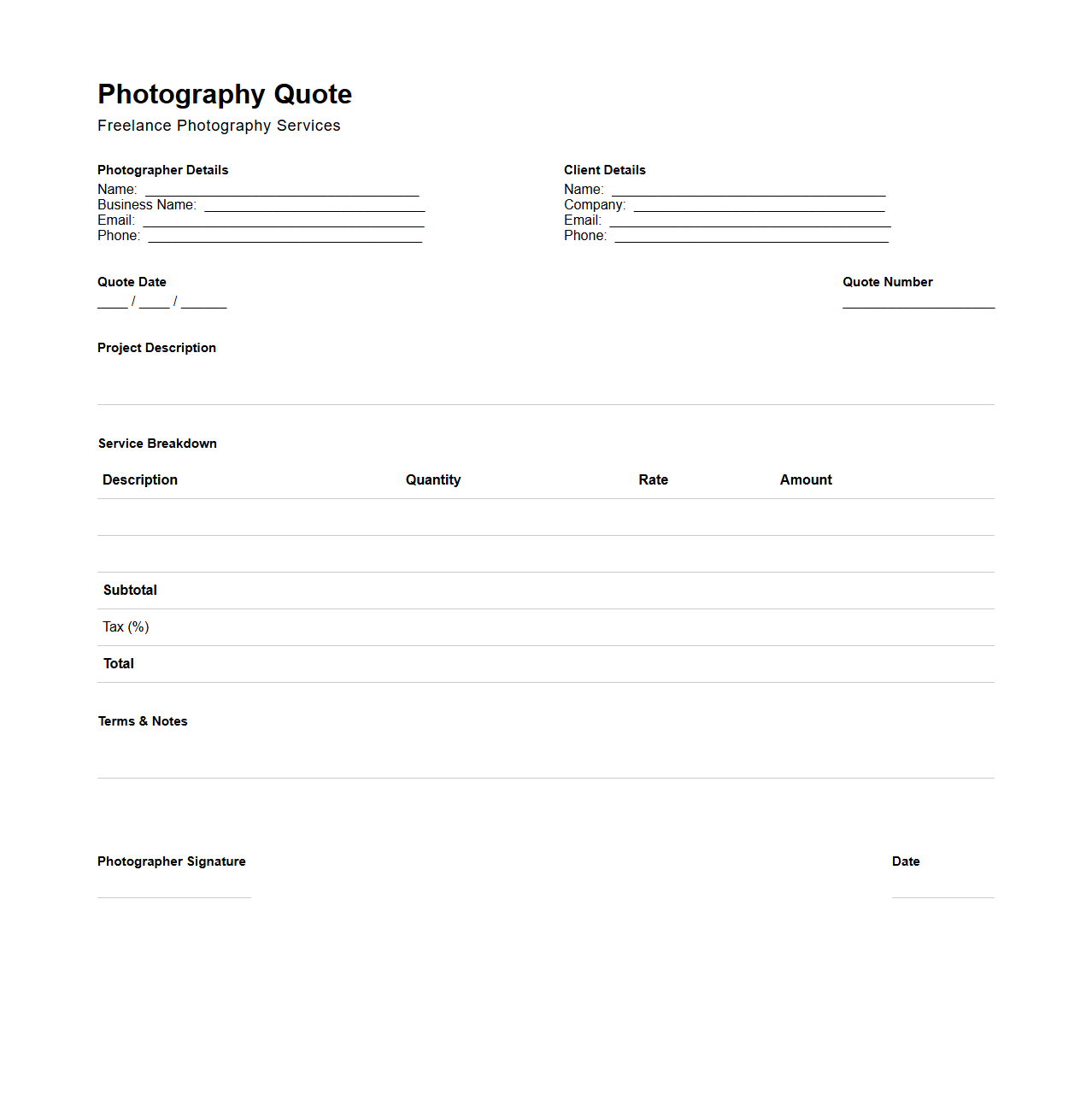 Blank Photography Freelance Quote Template