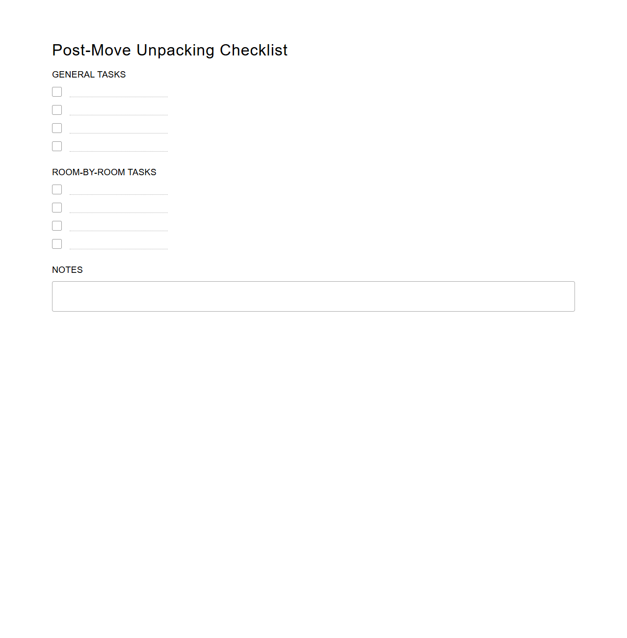 Blank Post-Move Unpacking Checklist Template