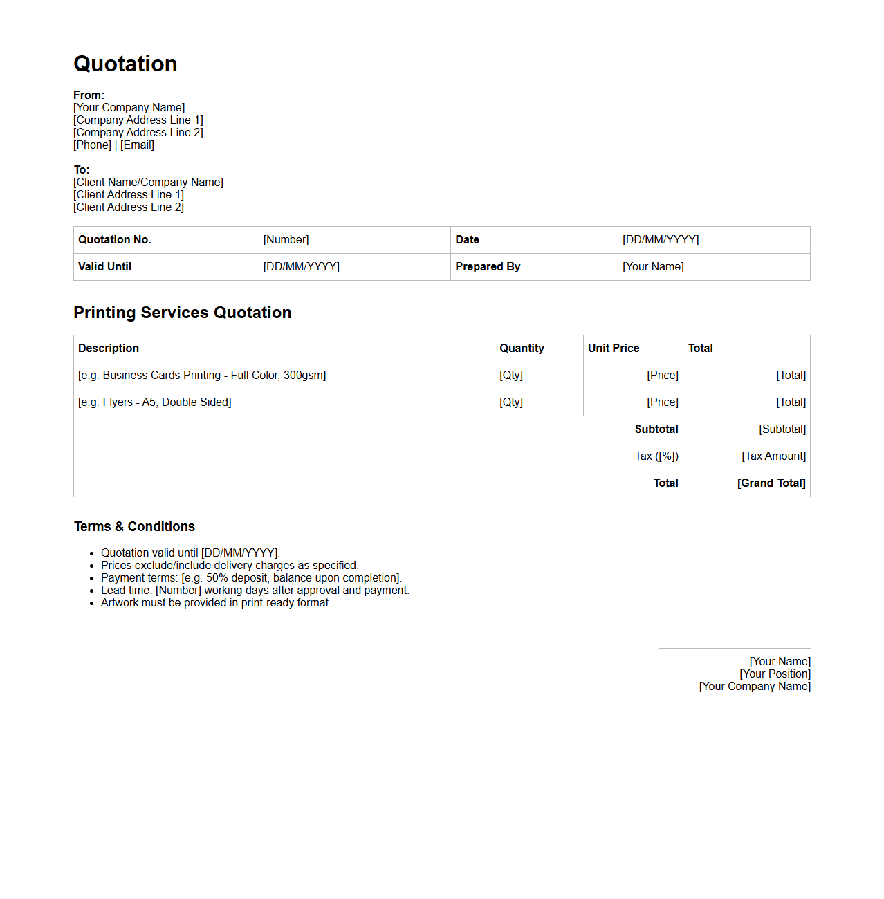 Blank Printing Services Quotation Sample