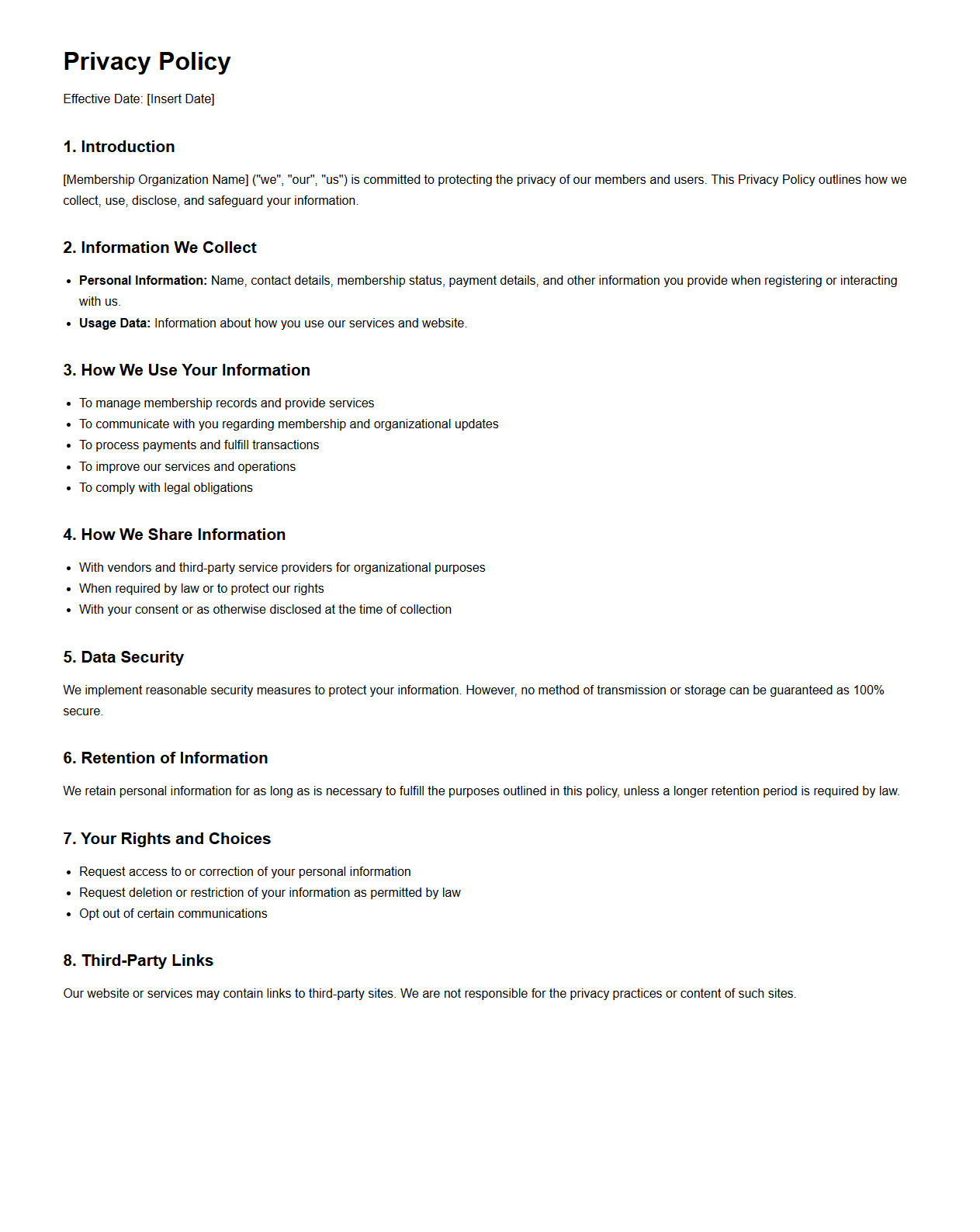 Blank Privacy Policy Template for Membership Organizations