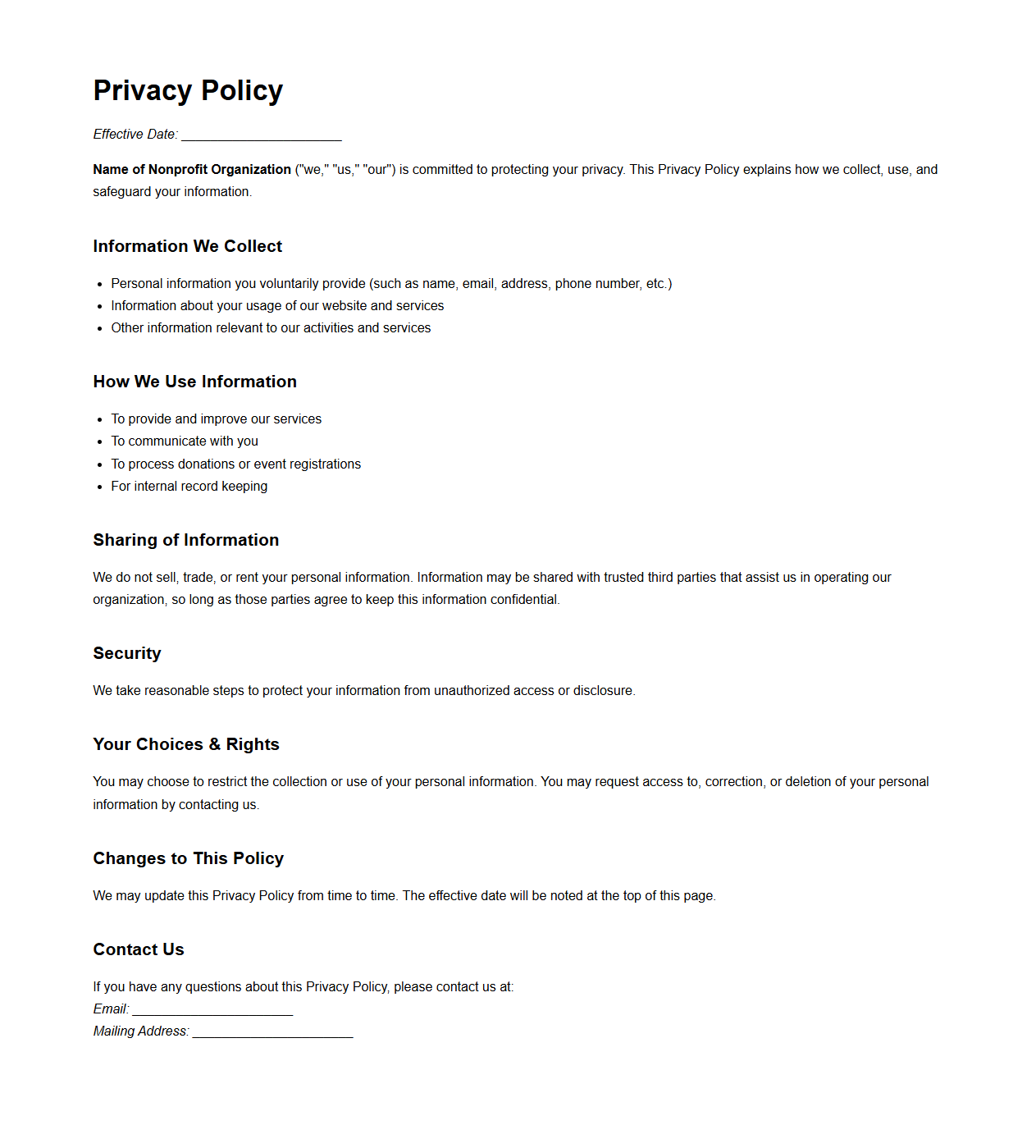 Blank Privacy Policy Template for Nonprofit Organizations