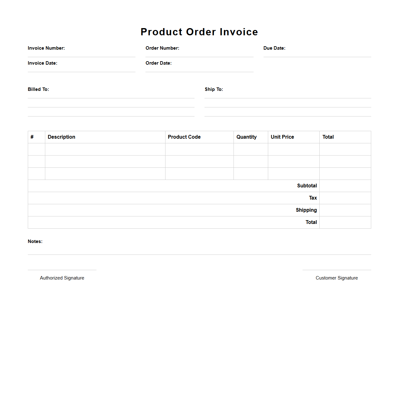 Blank Product Order Invoice Sample