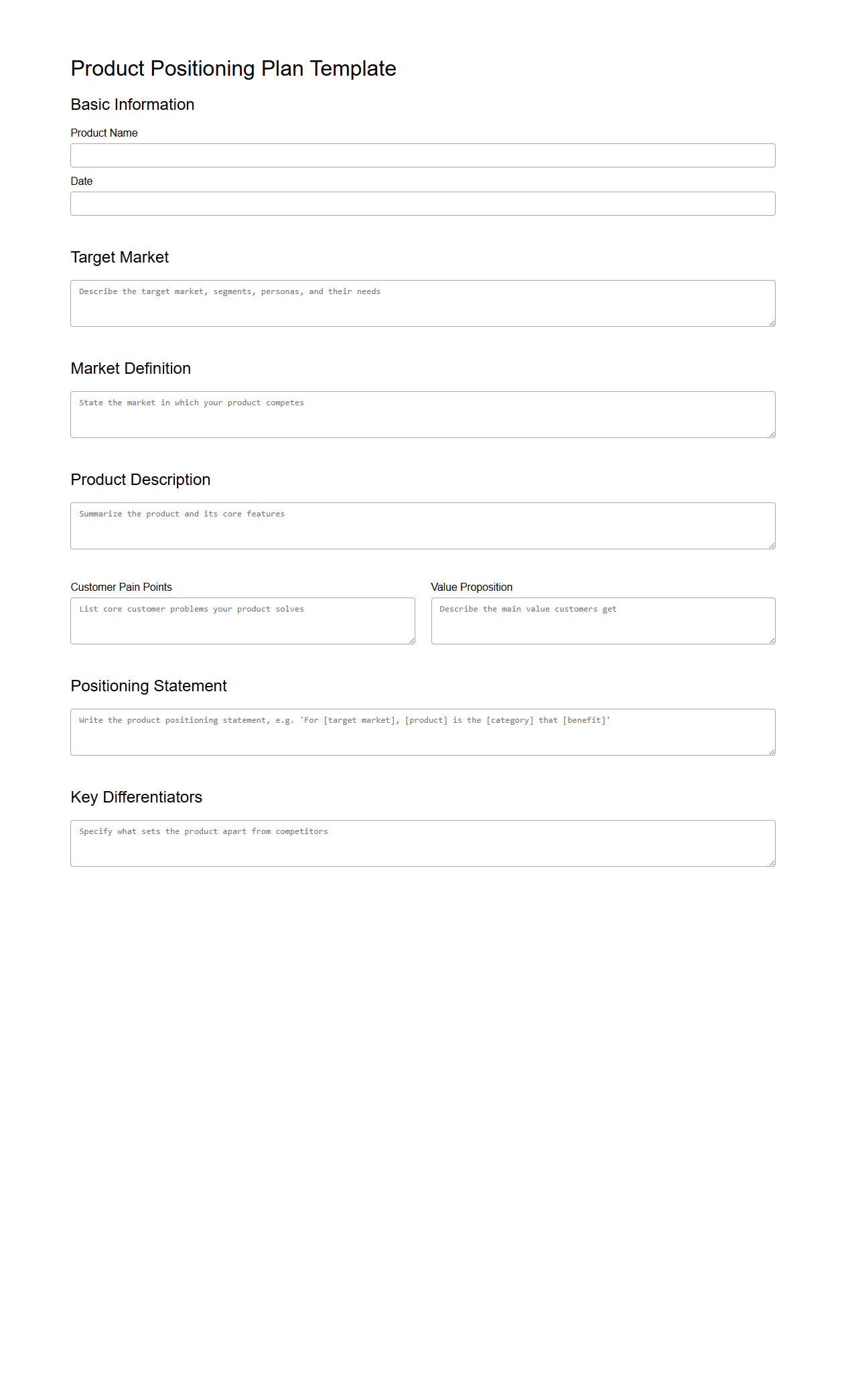 Blank Product Positioning Plan Template