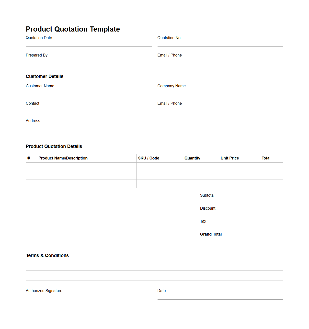 Blank Product Quotation Template for Bulk Orders