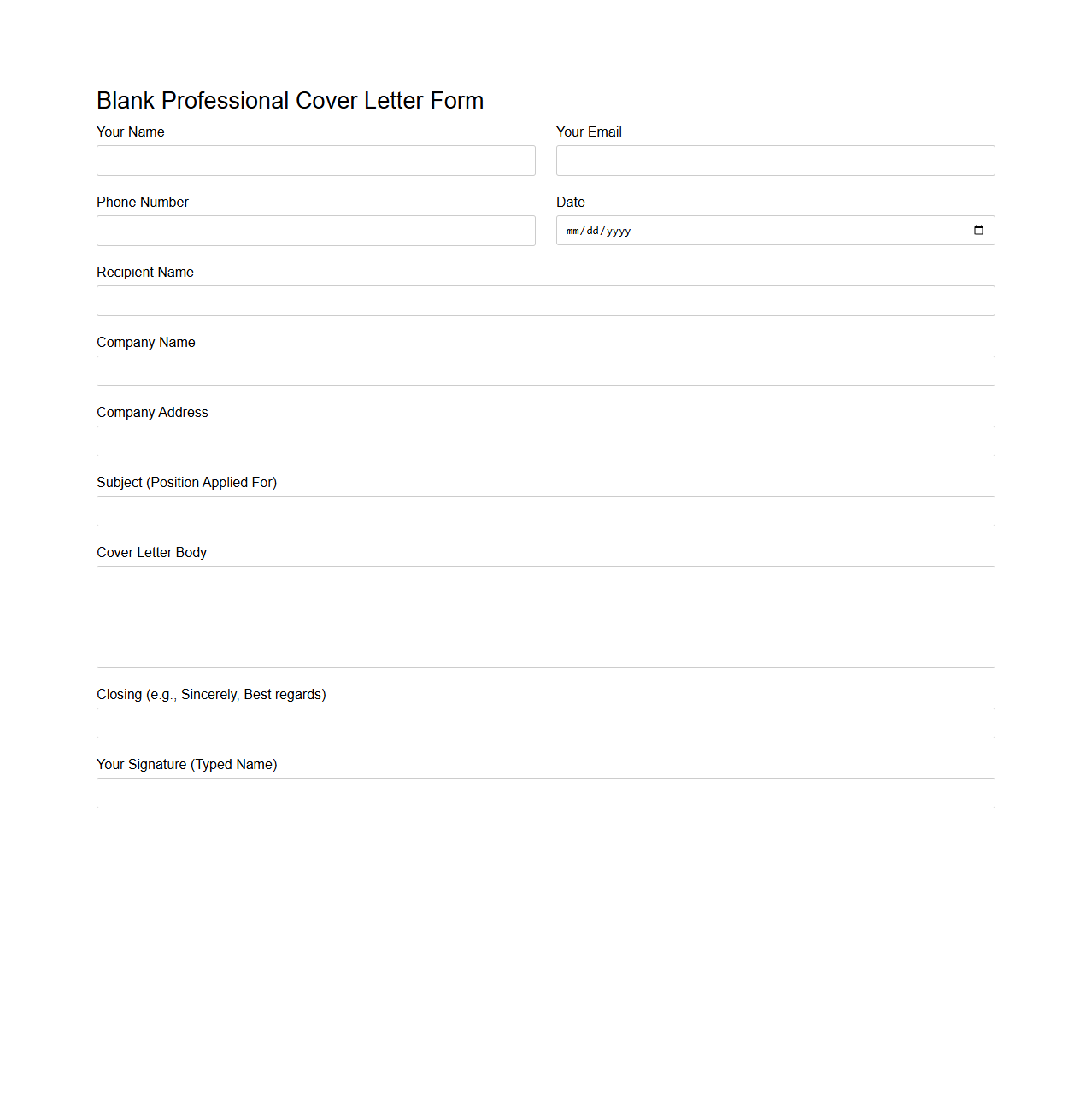 Blank Professional Cover Letter Form