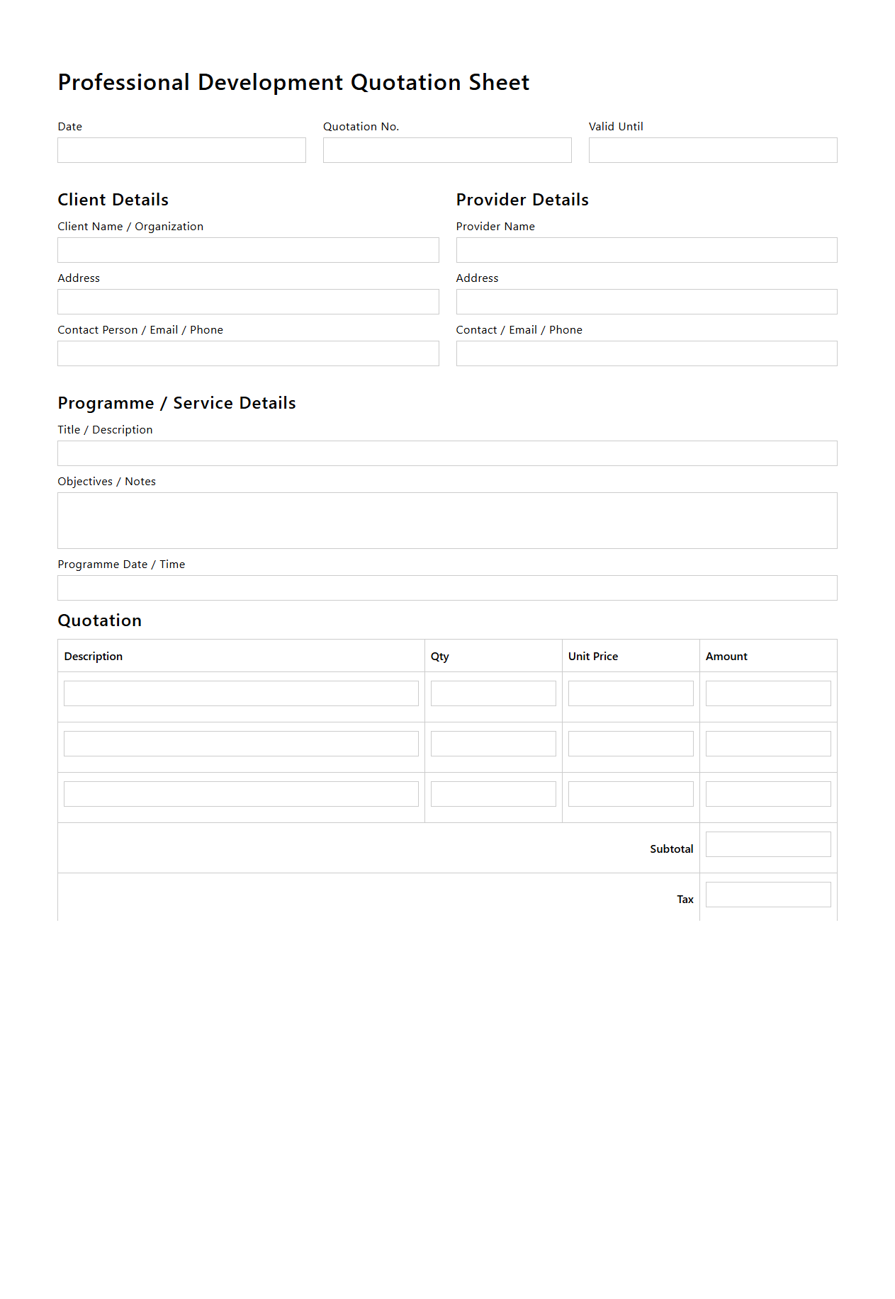 Blank Professional Development Quotation Sheet