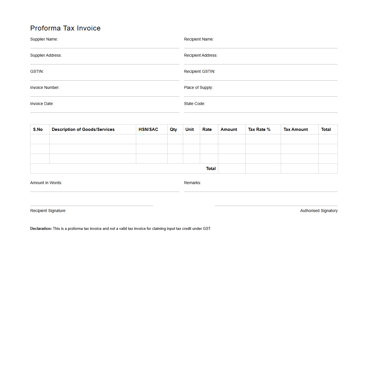 Blank Proforma Tax Invoice Template for GST Compliance