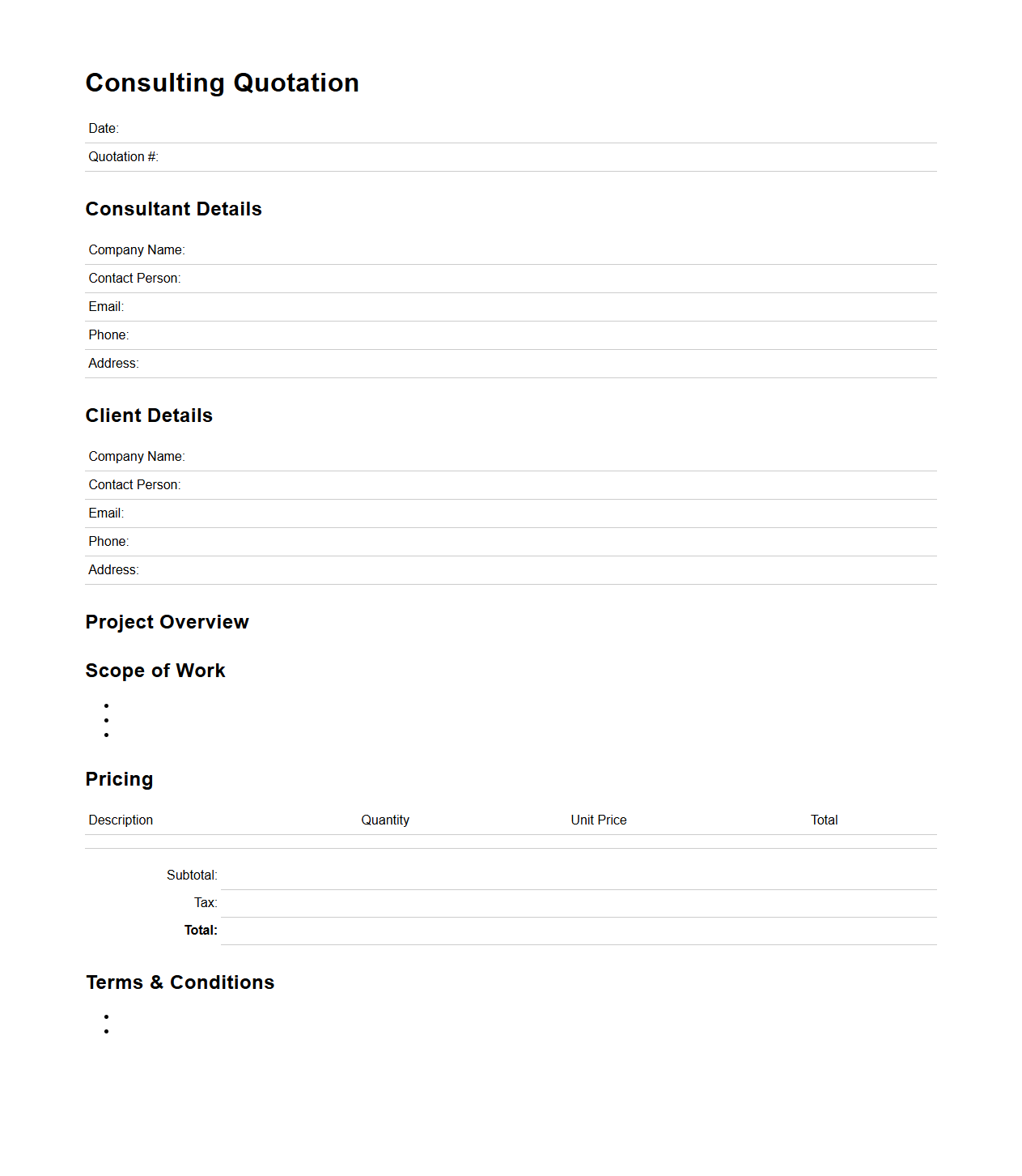 Blank Project Consulting Quotation Example
