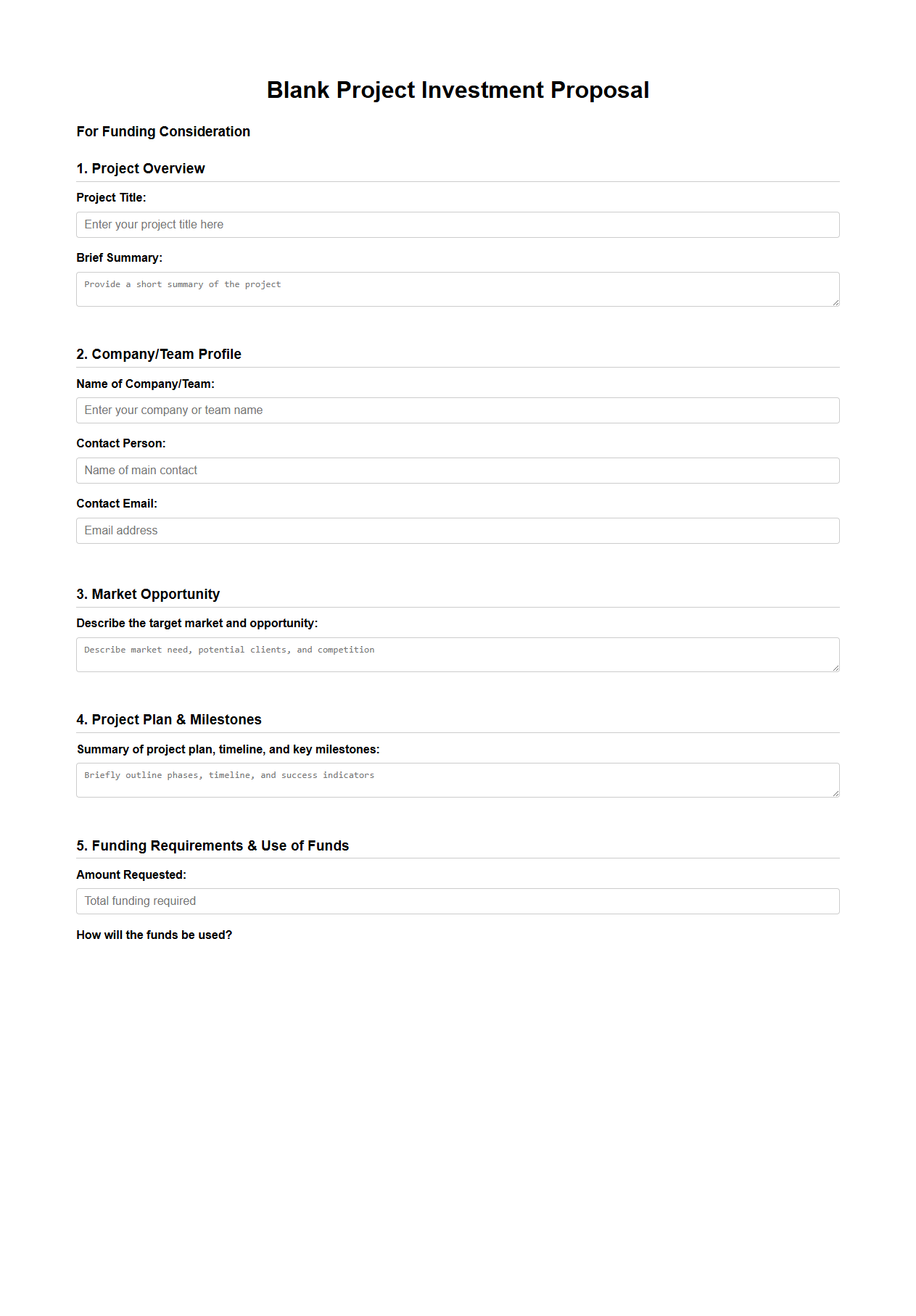 Blank Project Investment Proposal for Funding