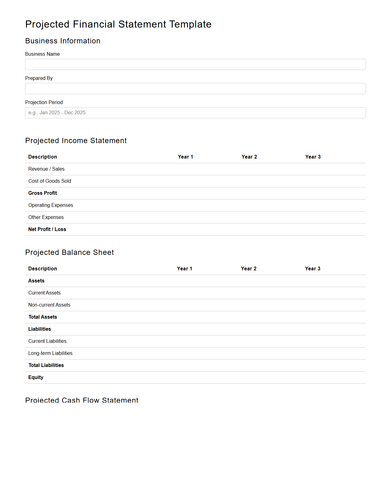 Blank Projected Financial Statement Template for Business Planning