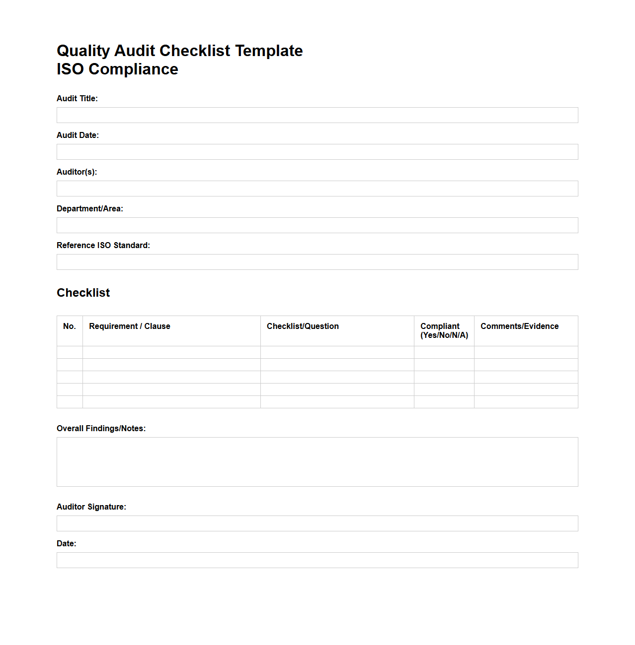 Blank Quality Audit Checklist Template for ISO Compliance