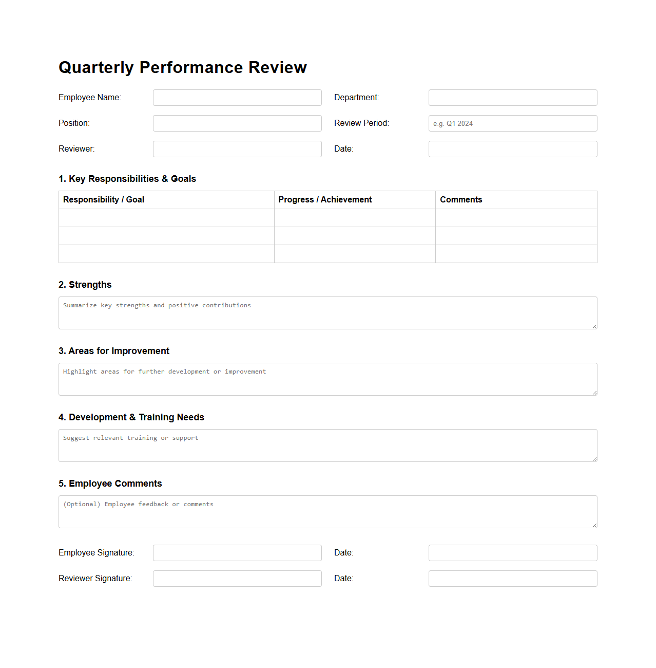 Blank Quarterly Performance Review Document