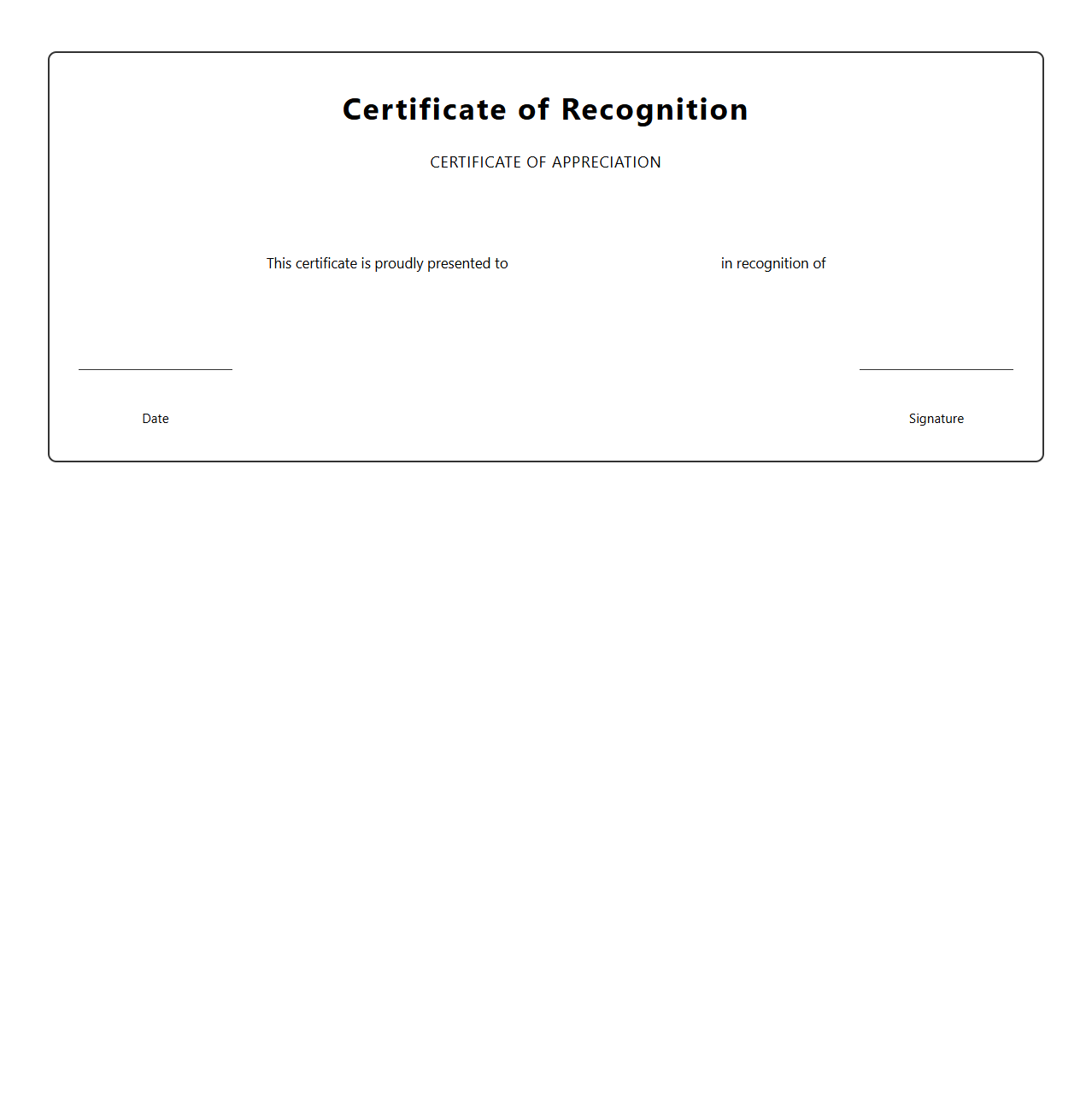 Blank Recognition Certificate for Appreciation