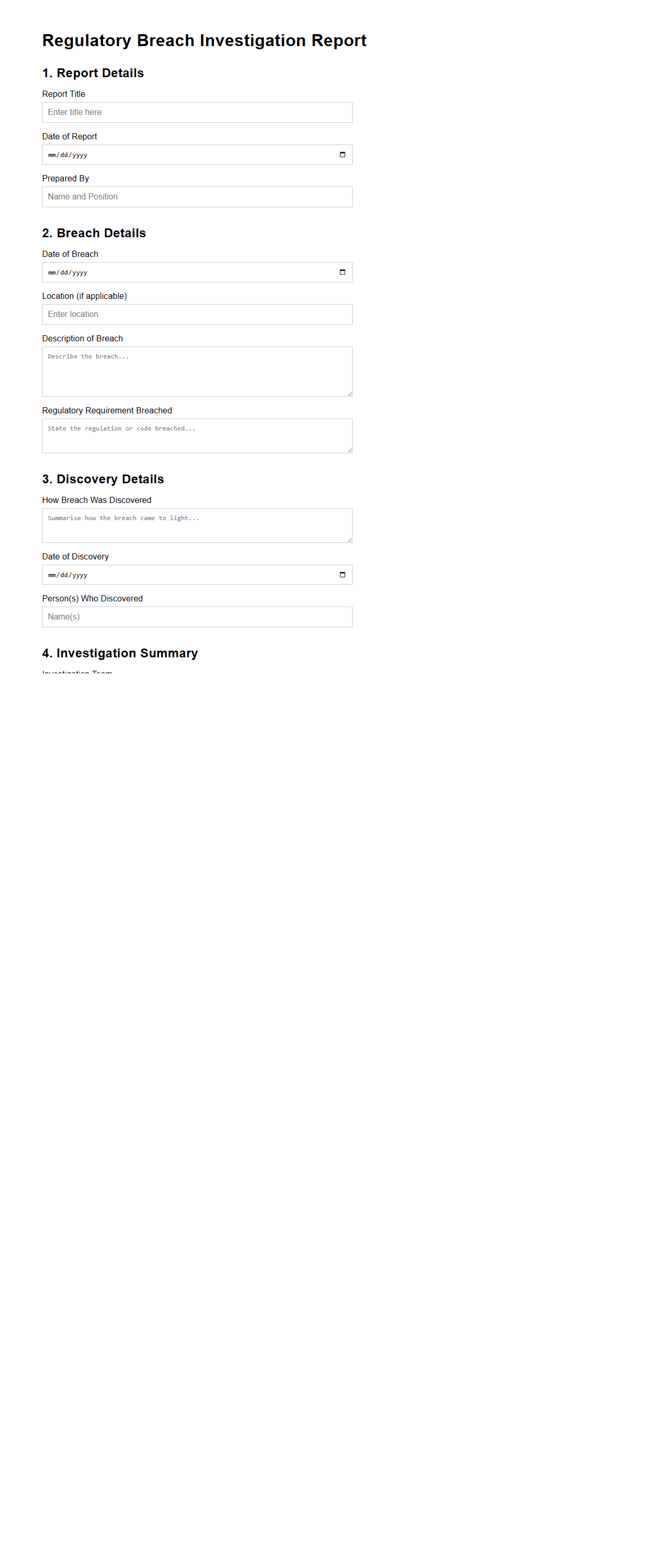 Blank Regulatory Breach Investigation Report Template