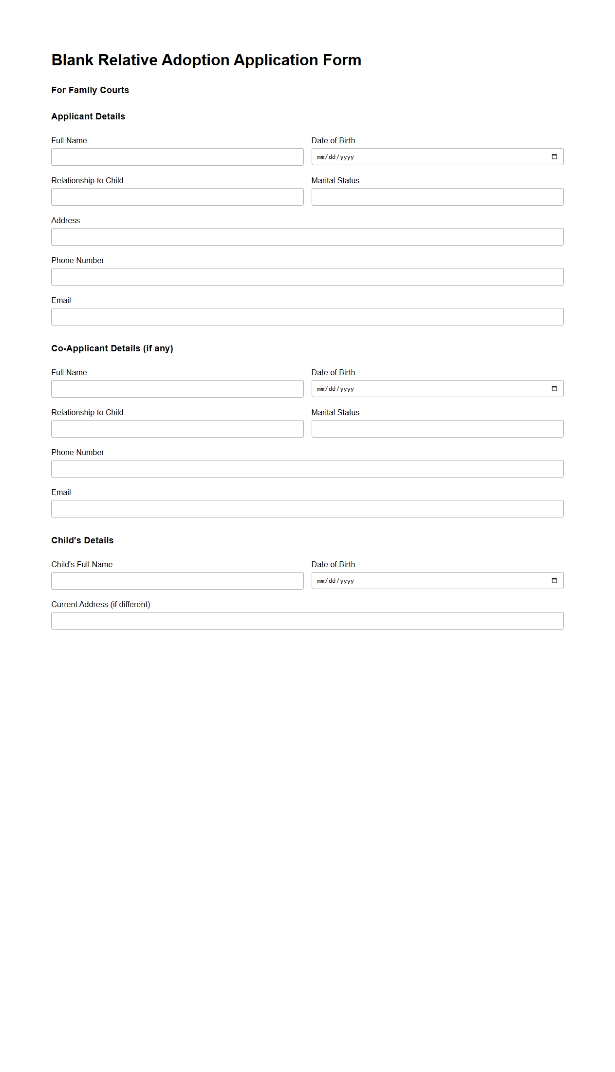 Blank Relative Adoption Application Form for Family Courts