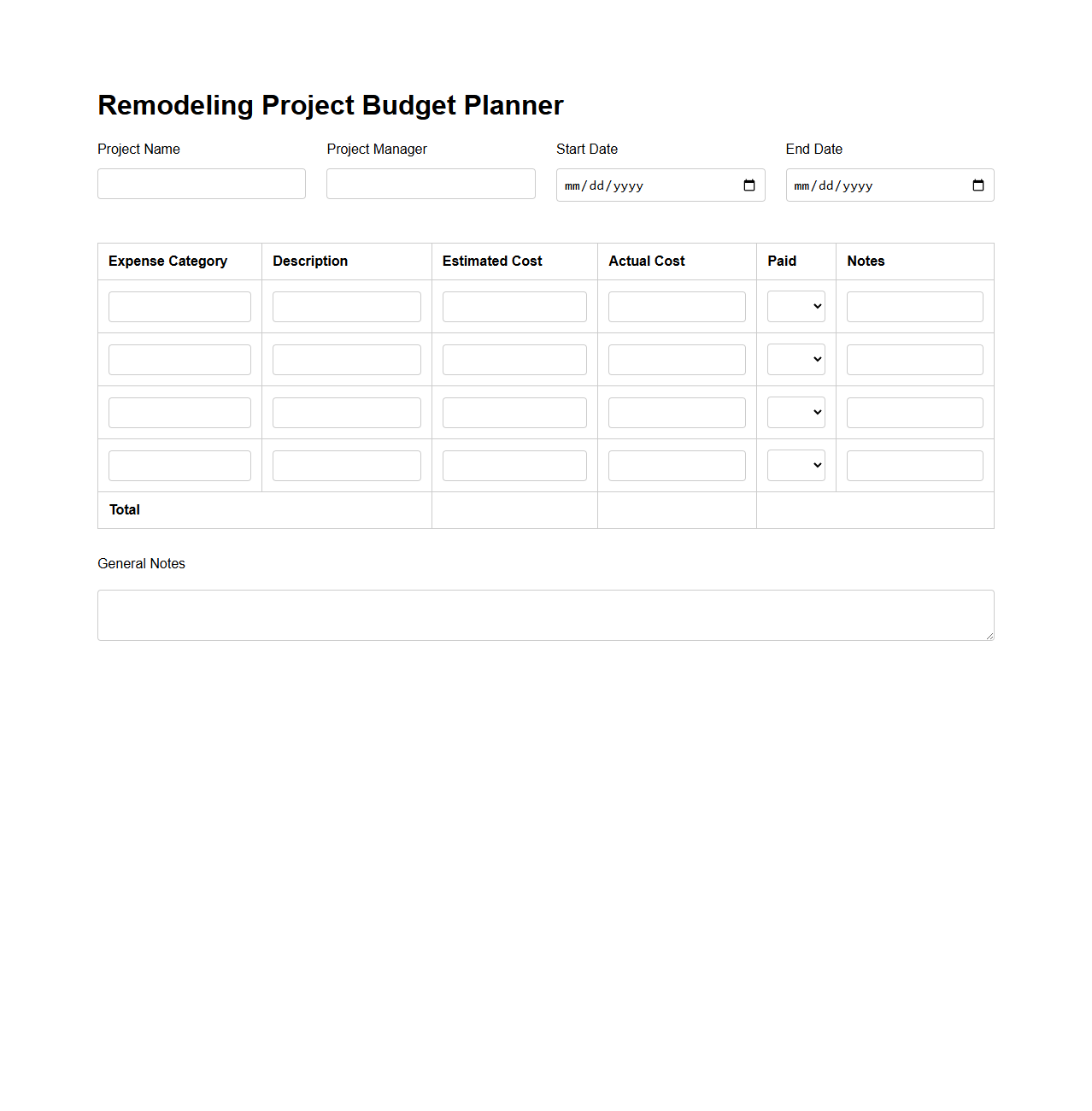 Blank Remodeling Project Budget Planner