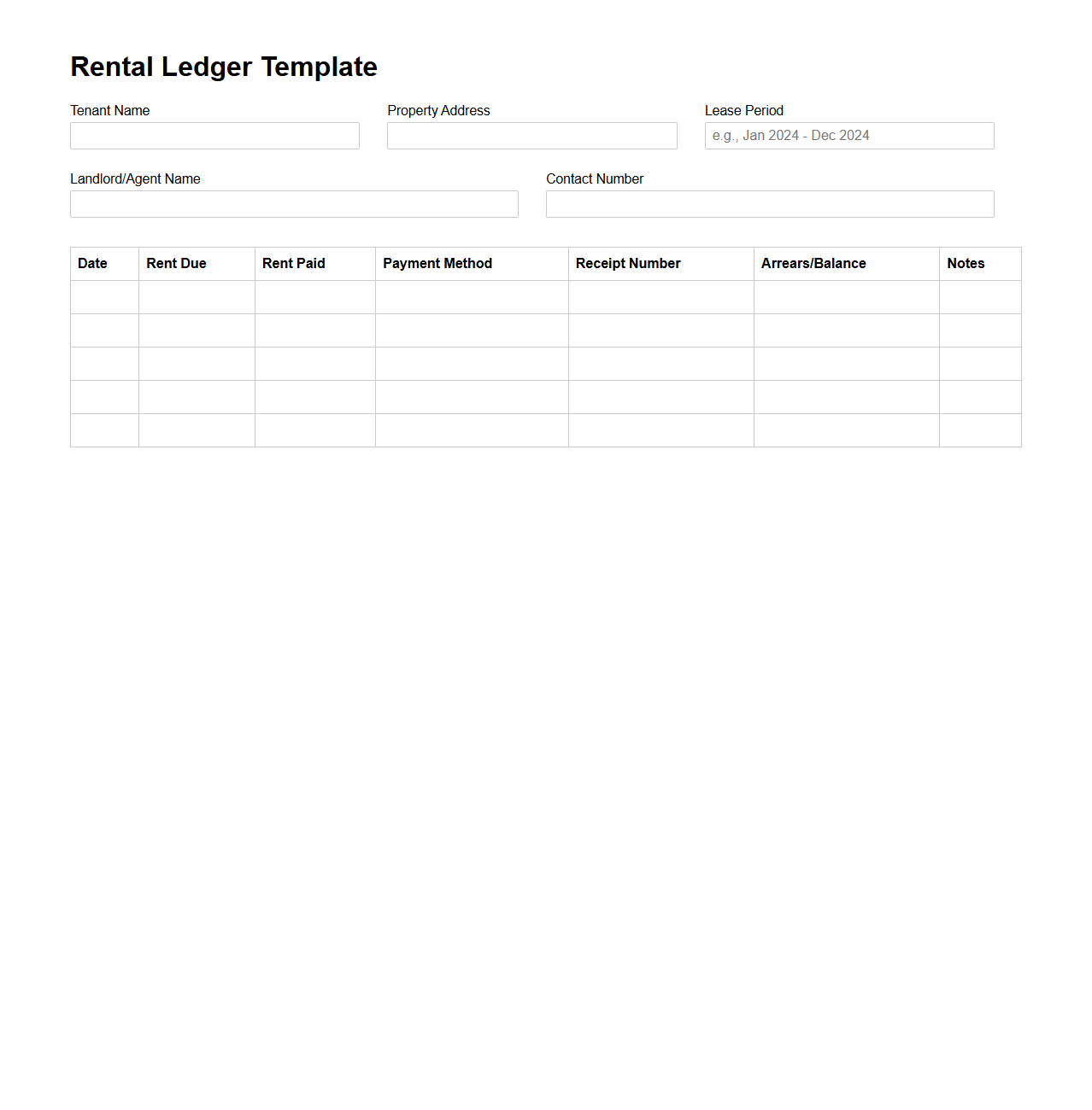 Blank Rental Ledger Template