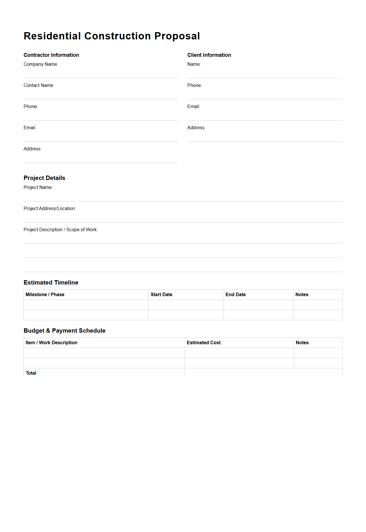 Blank Residential Construction Proposal Template