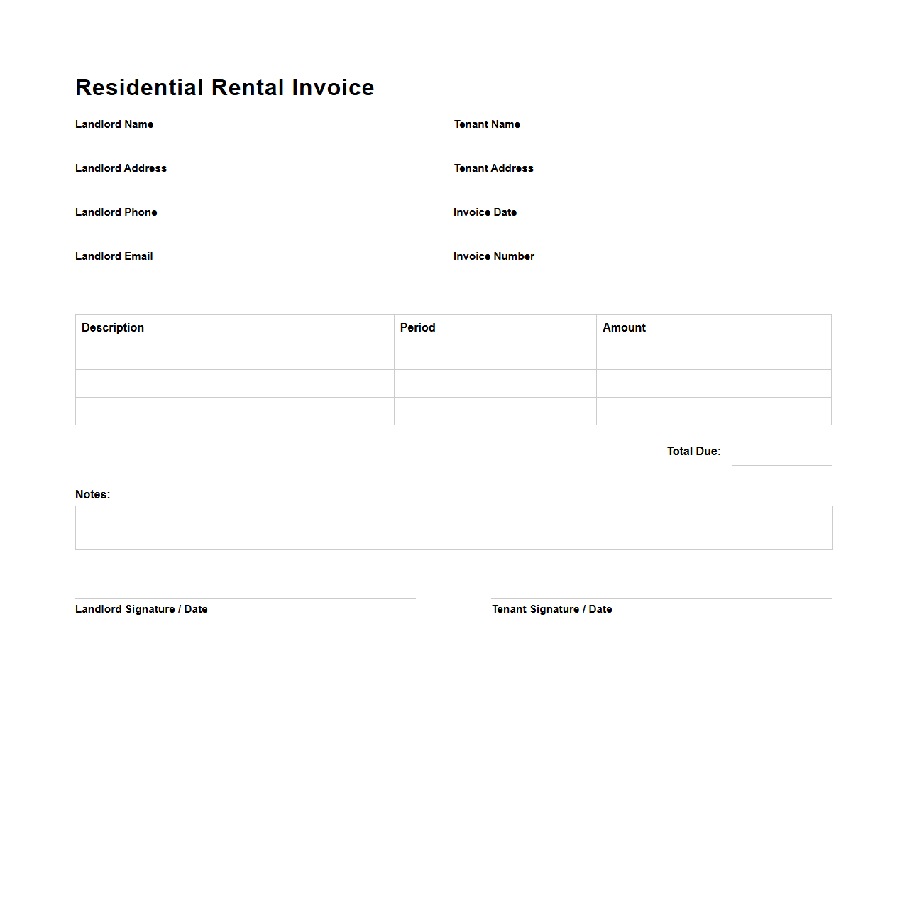 Blank Residential Rental Invoice Template for Landlords